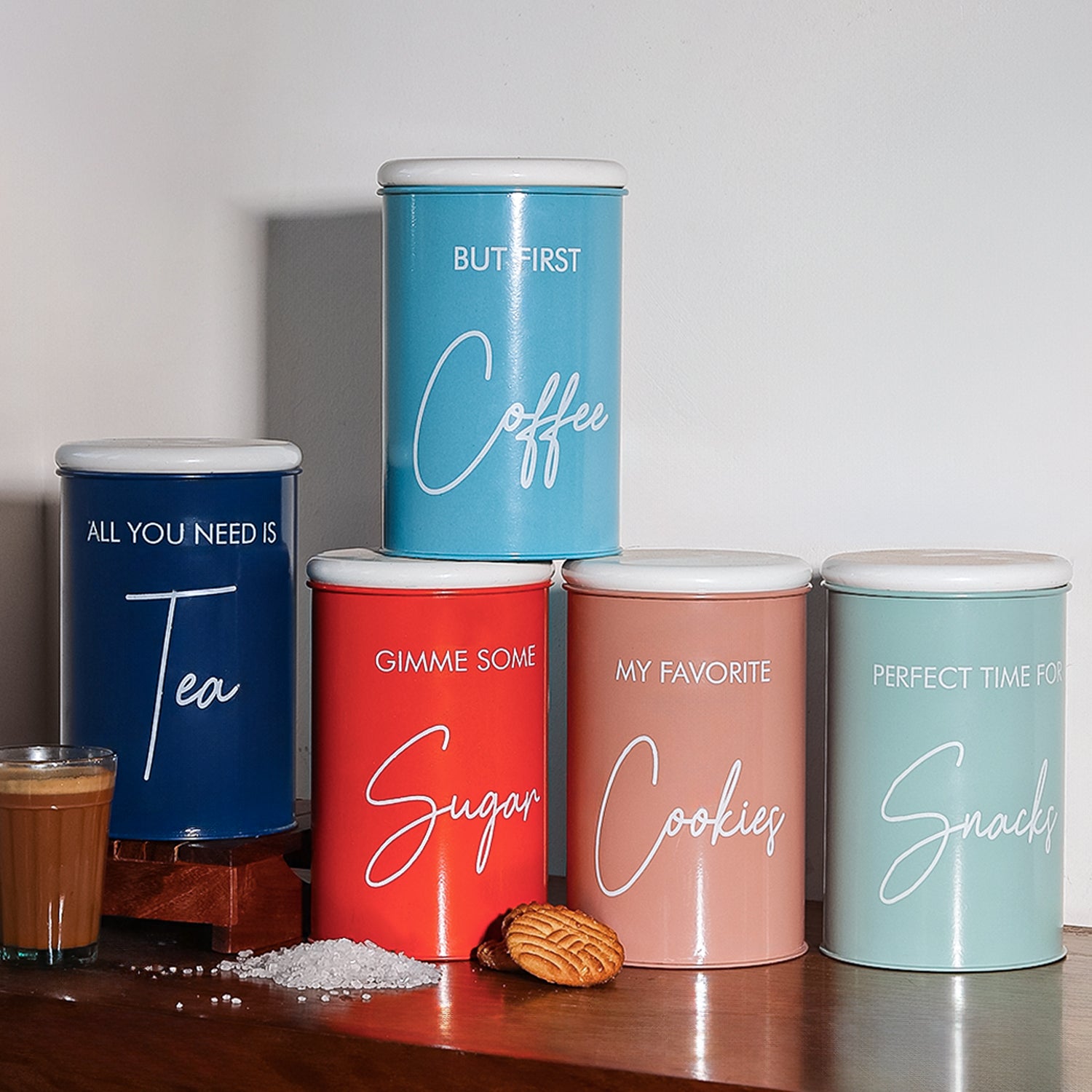 Metal Tea, Sugar, Coffee, Cookie & Snack Jar - Set Of 5 & Each 900 Ml