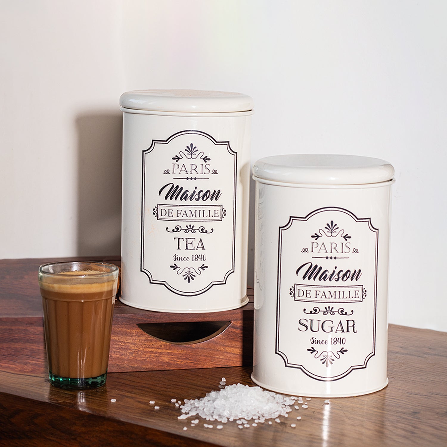 Metal Tea & Sugar Jar Set - Each Ivory & 900 Ml