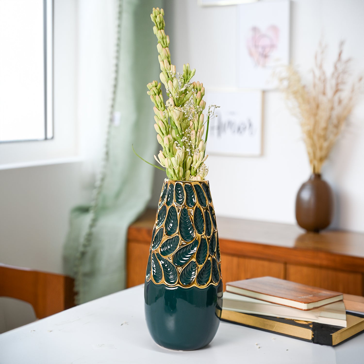Golden & Teal Abstract Ceramic Vase