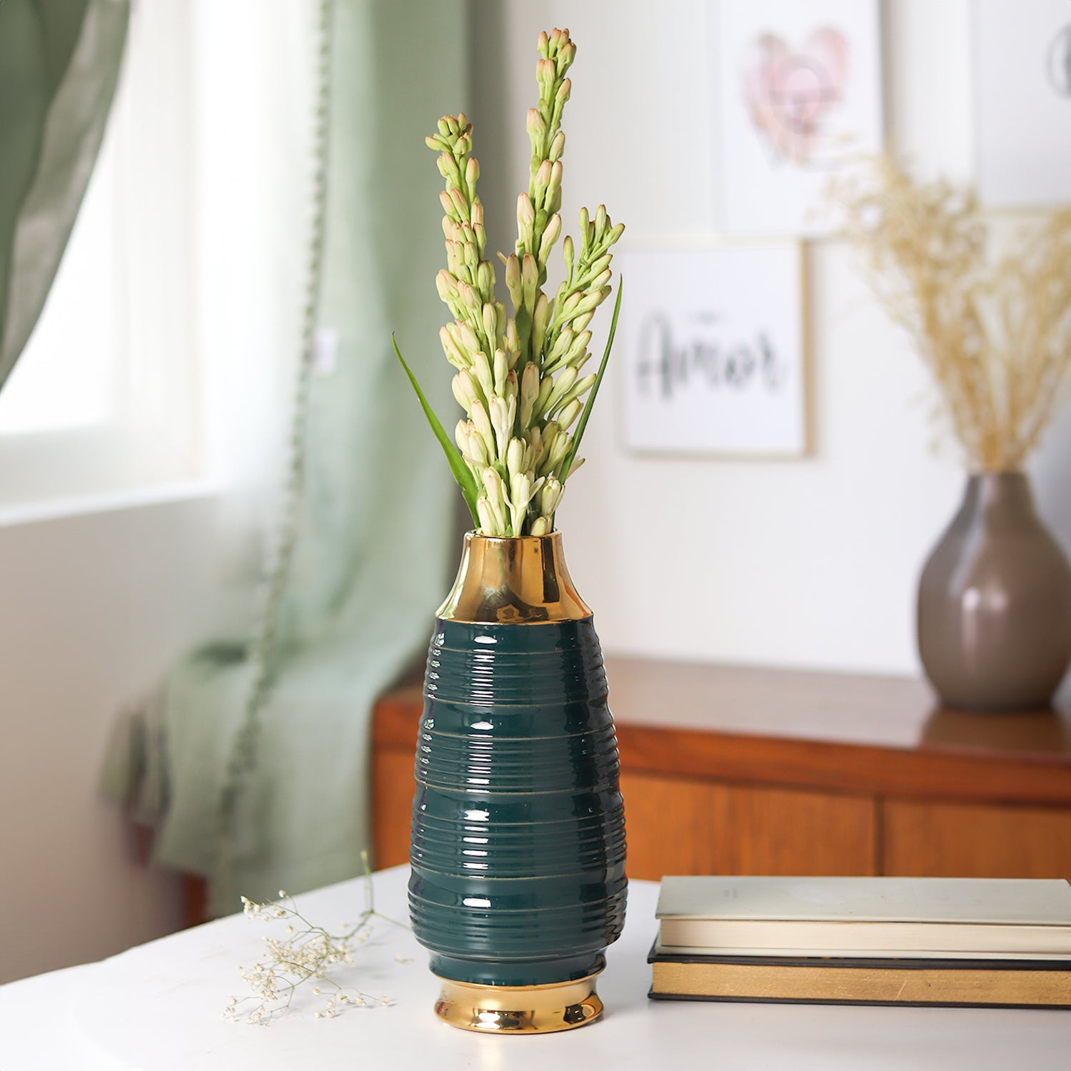 Golden & Teal Spiral Ceramic Vase