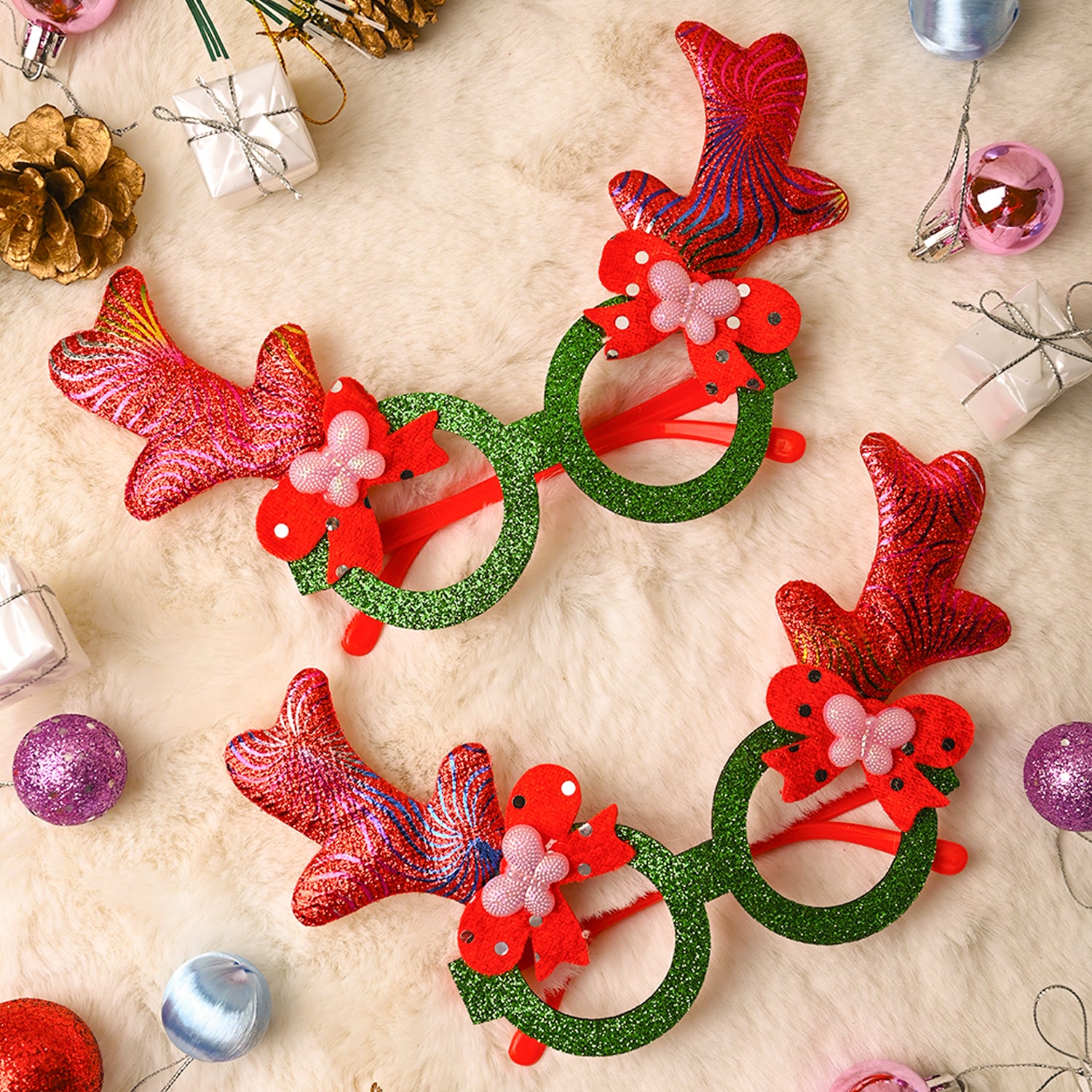 Party Spectacles With Reindeer Horns (Red, Set Of 2)