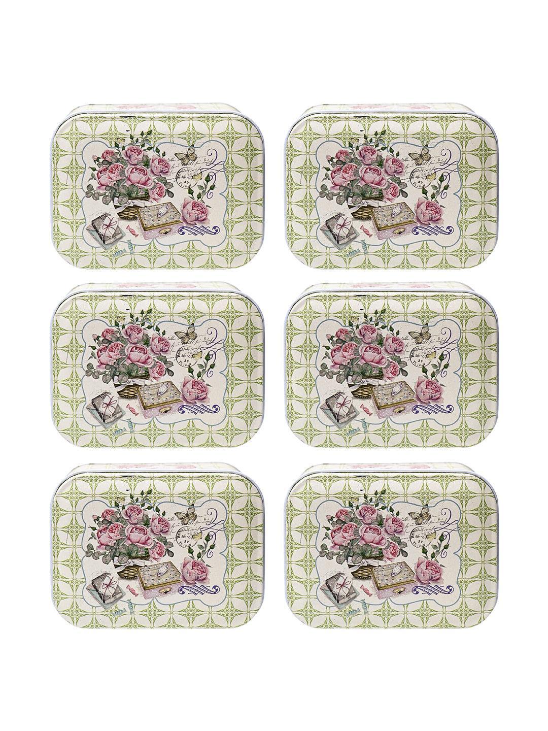 Floral Tin Storage Box Container - Set Of 6, Green - MARKET99
