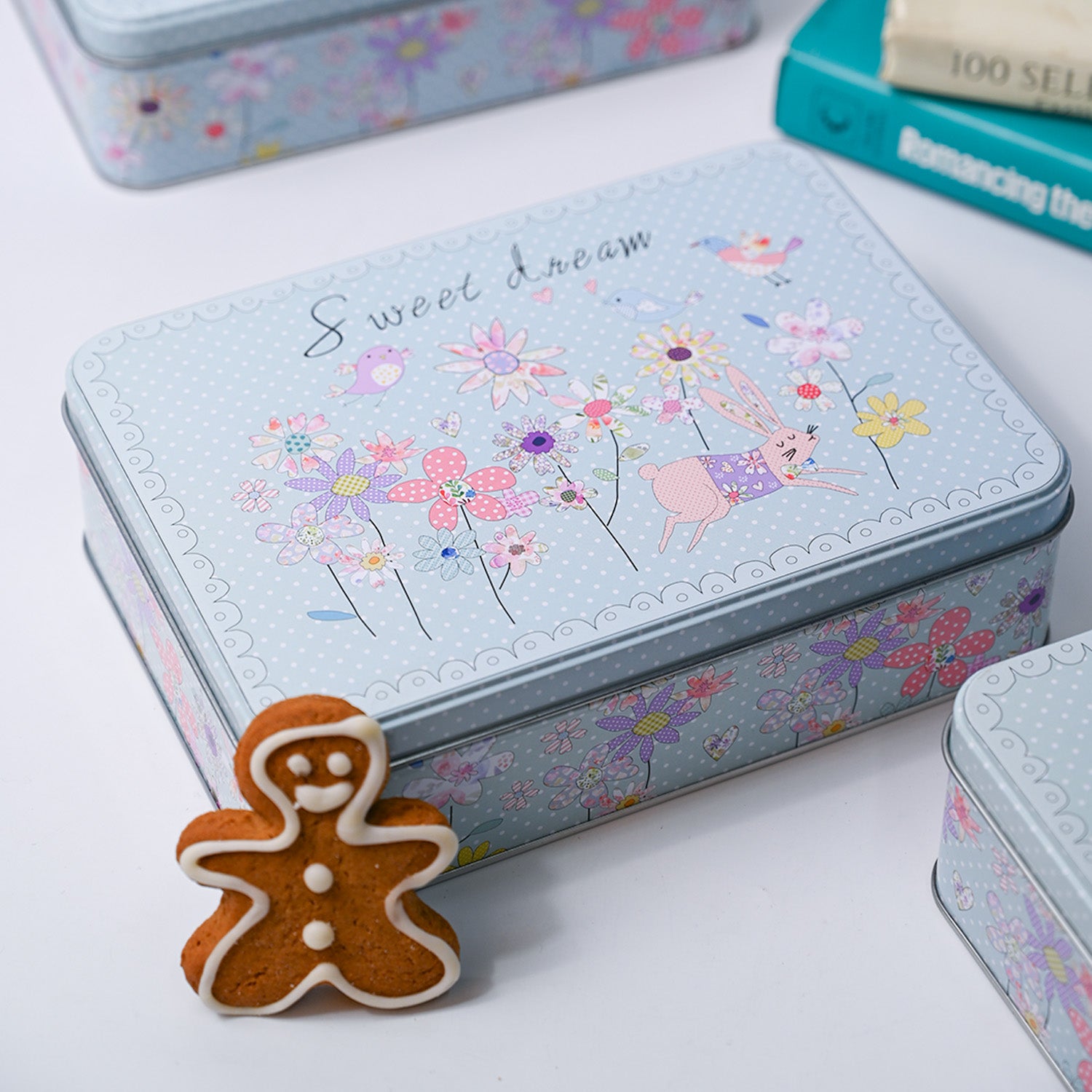 Floral Tin Storage Box Container  - Set Of 6, Sky Blue