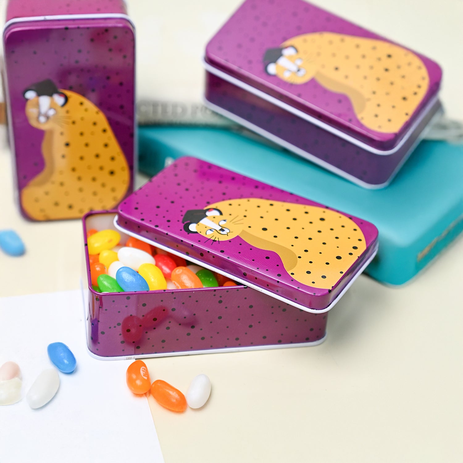 Animal Print Tin Storage Box Container  - Set Of 3, Purple