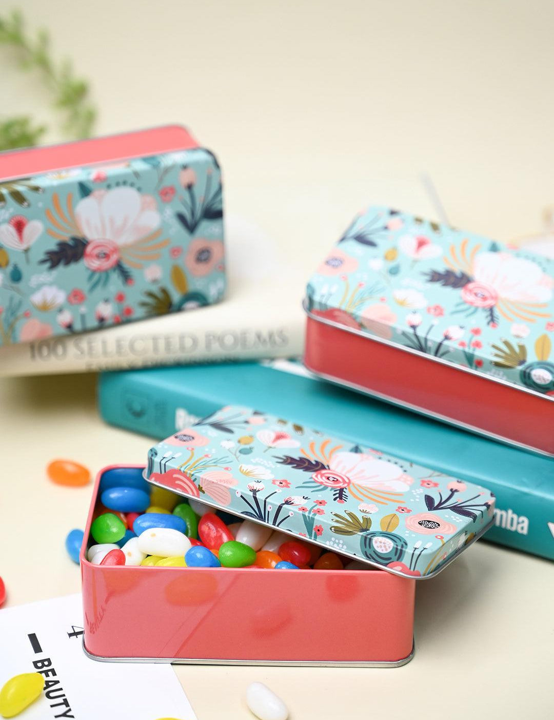 Floral Tin Storage Box - Set Of 3, Cyan - MARKET99