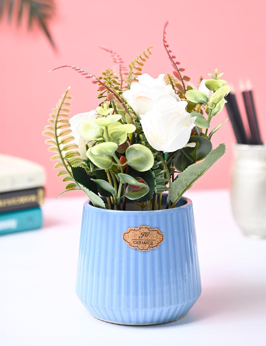 Market99 White Rose Flower With Blue Pot - MARKET99