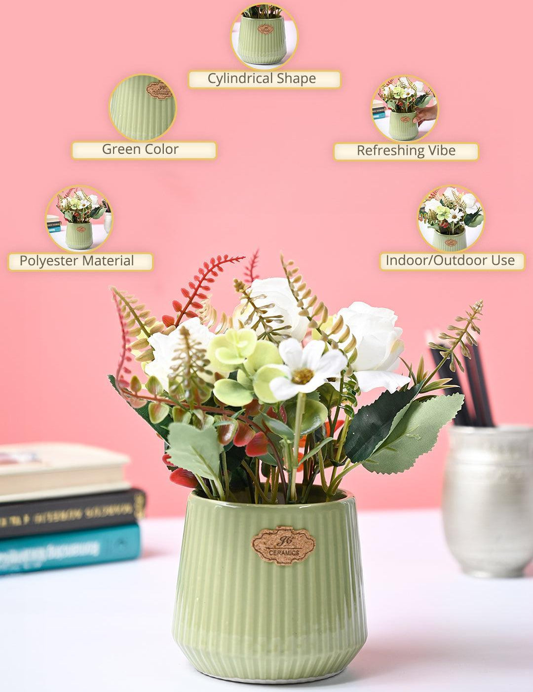 Market99 White Rose Flower With Green Pot - MARKET99