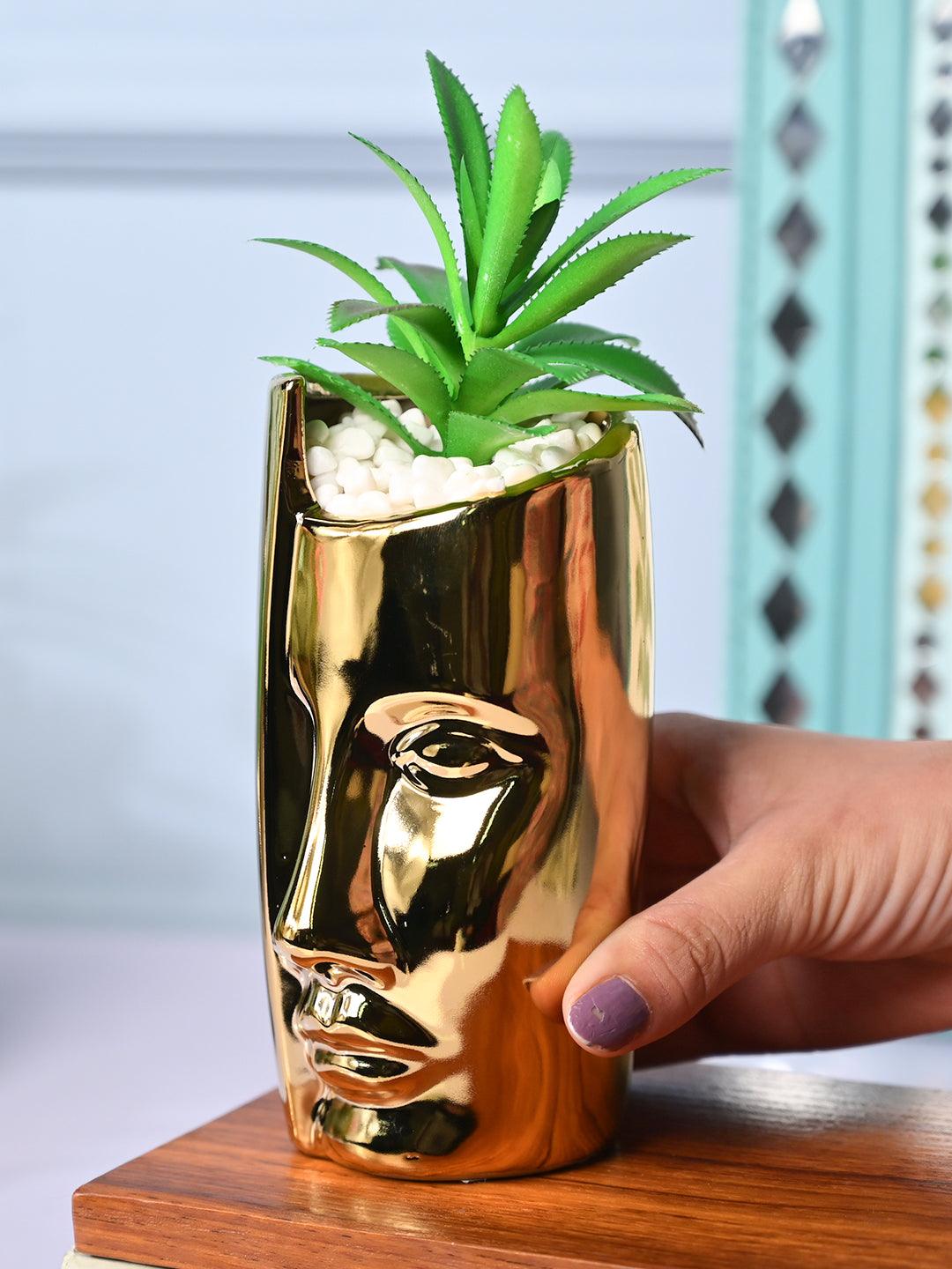 Artistic Touch - Face Design Ceramic Pot with Faux Plant - MARKET99