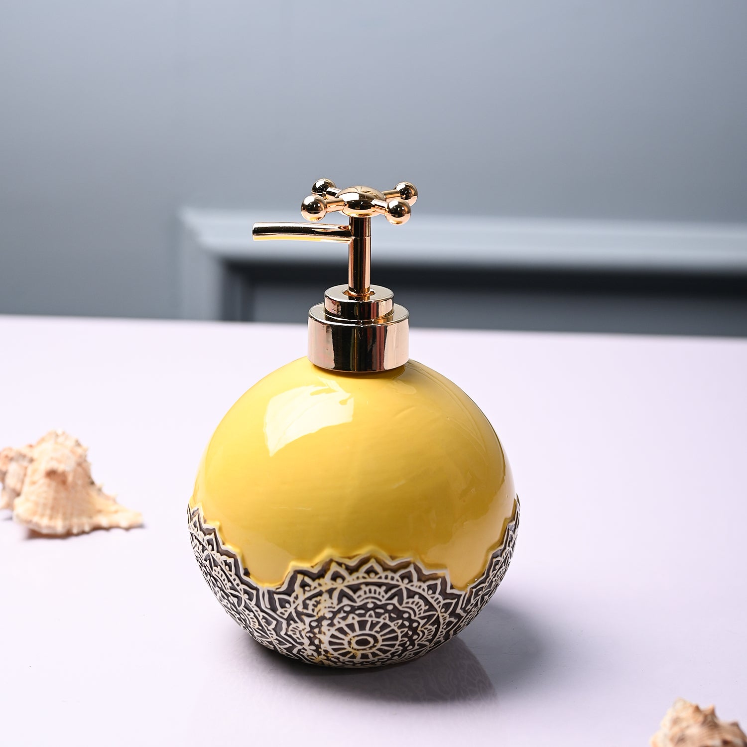 Ceramic Yellow Round Soap Dispenser - Embossed Glossy Finish