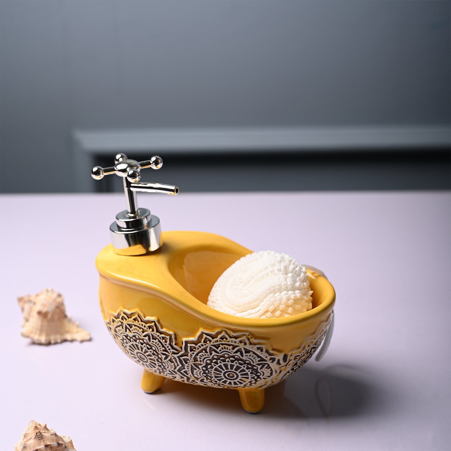 Ceramic Yellow Bath Tub Shaped Soap Dispenser - Embossed Glossy Finish