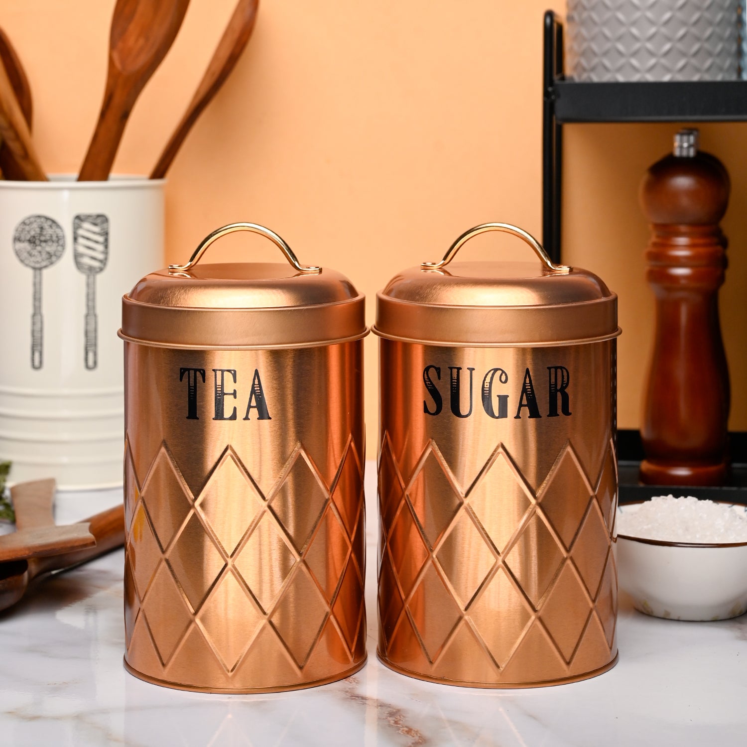 Market99 Tea Sugar Jar Set of Golden Tin Glossy Finish
