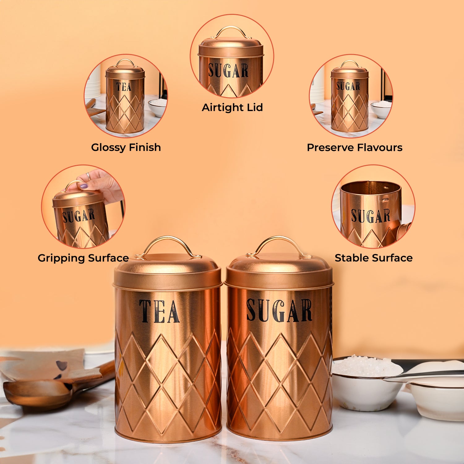 Market99 Tea & Sugar Jar Set of 2 - Golden Tin Glossy Finish