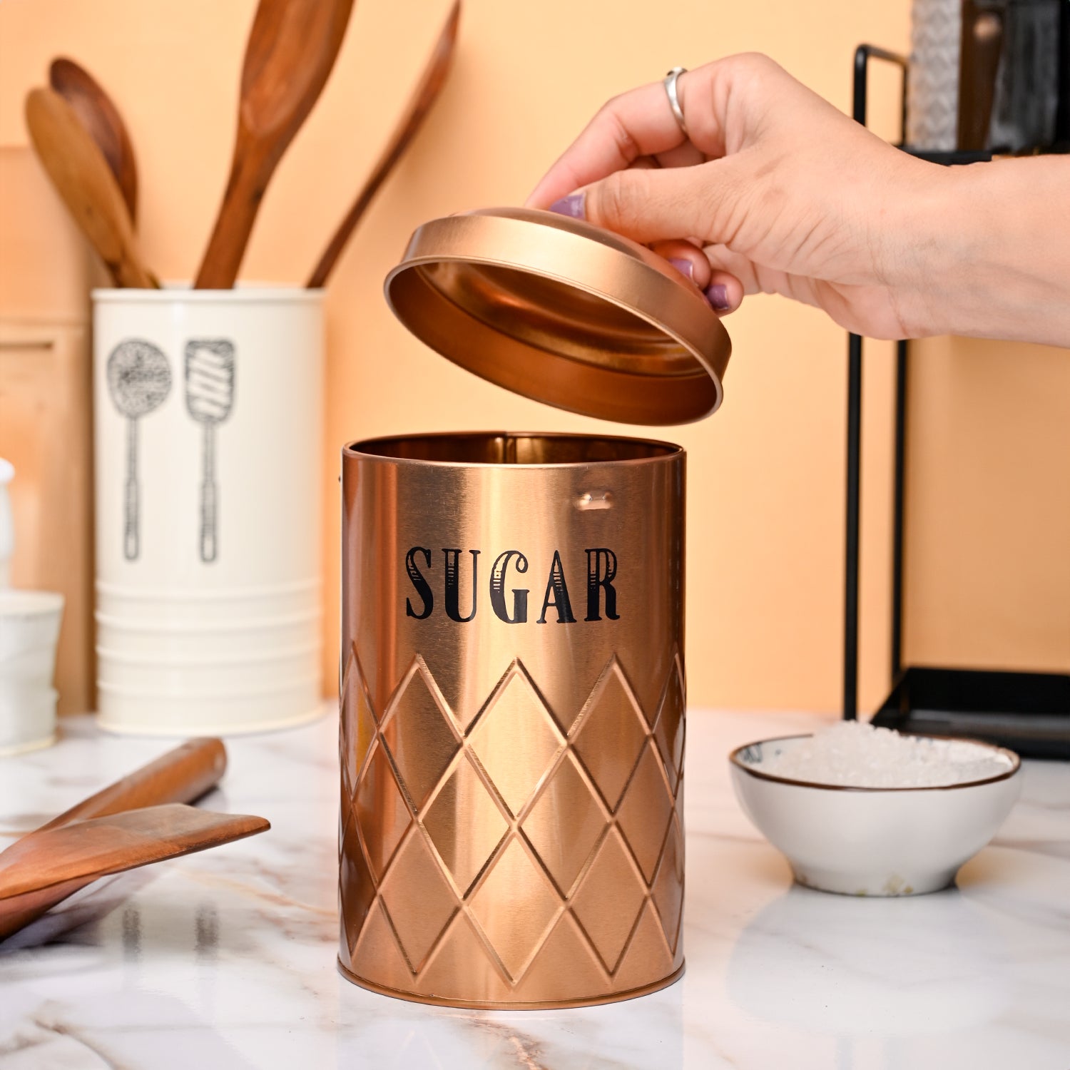 Market99 Tea & Sugar Jar Set of 2 - Golden Tin Glossy Finish