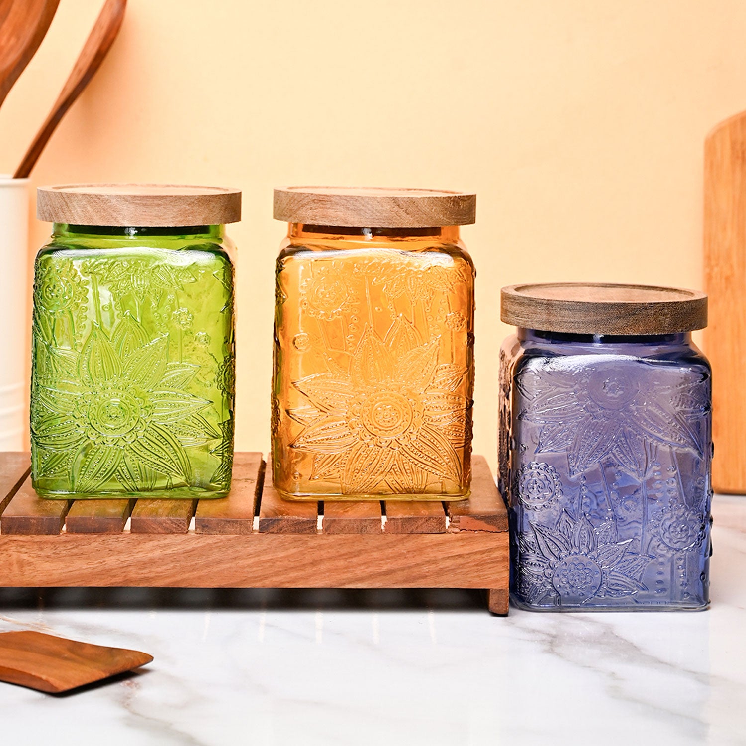 VON CASA Jar Set of 3 PCS 800ml - Multi Glass Glossy Finish
