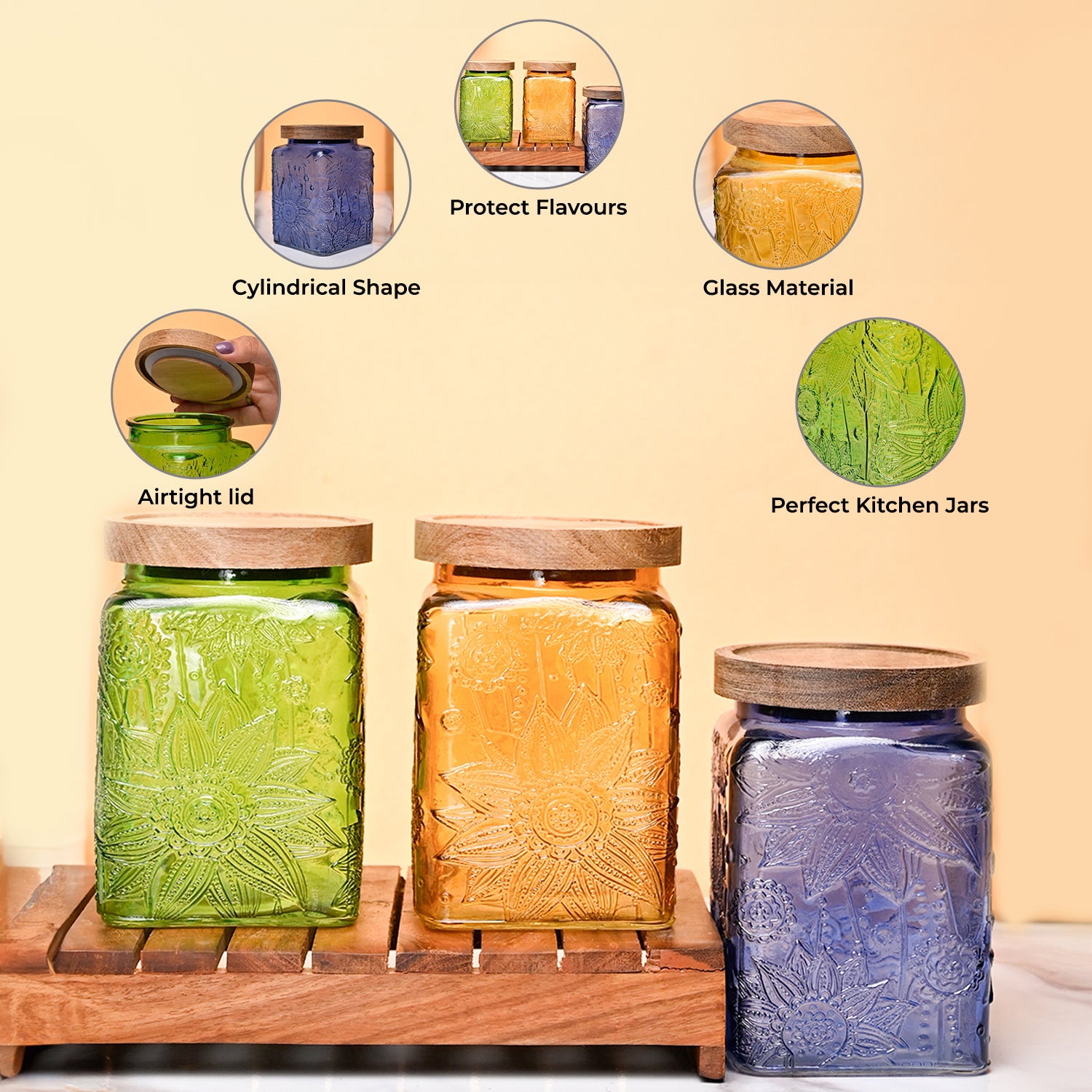 VON CASA Jar Set of 3 PCS 800ml - Multi Glass Glossy Finish