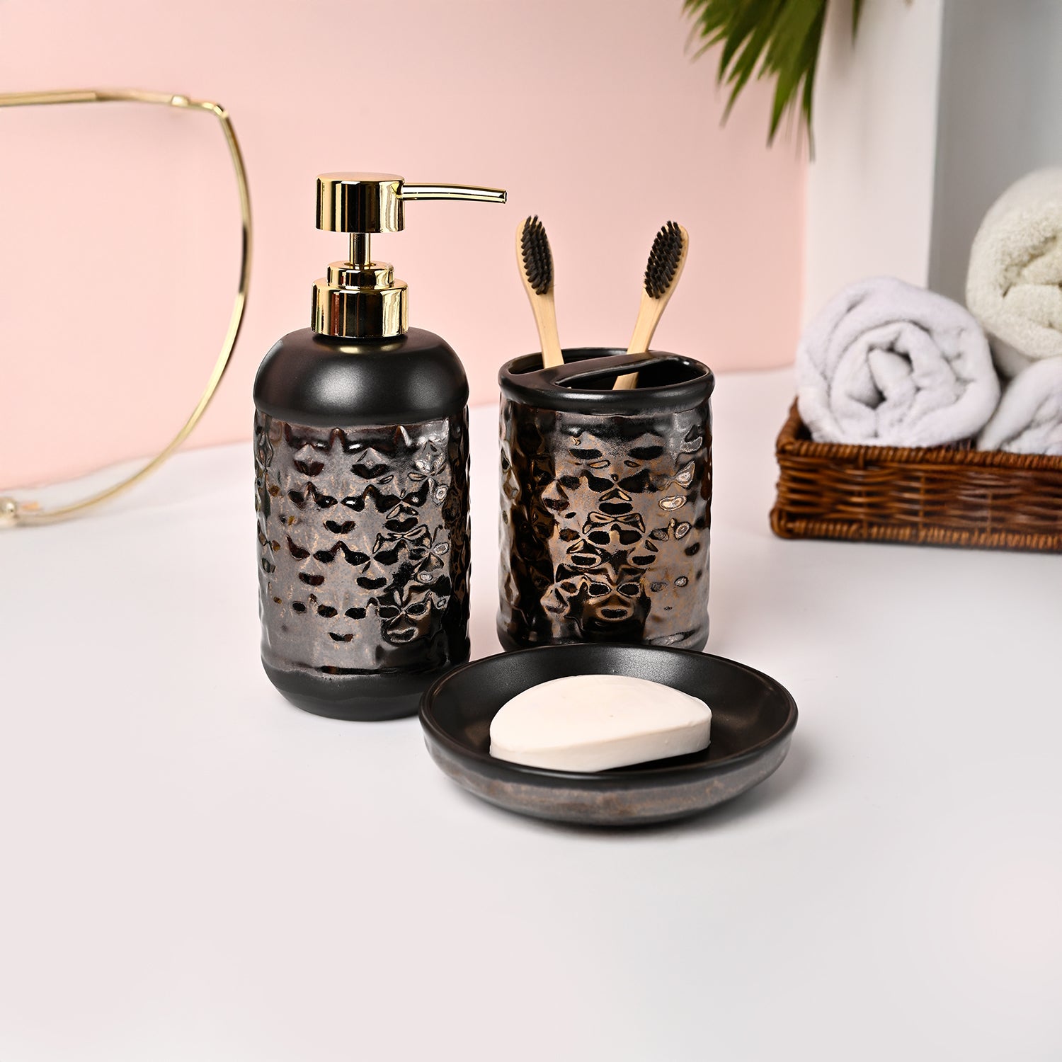 VON CASA 3Pcs Back & Gold Ceramic Bathroom Set