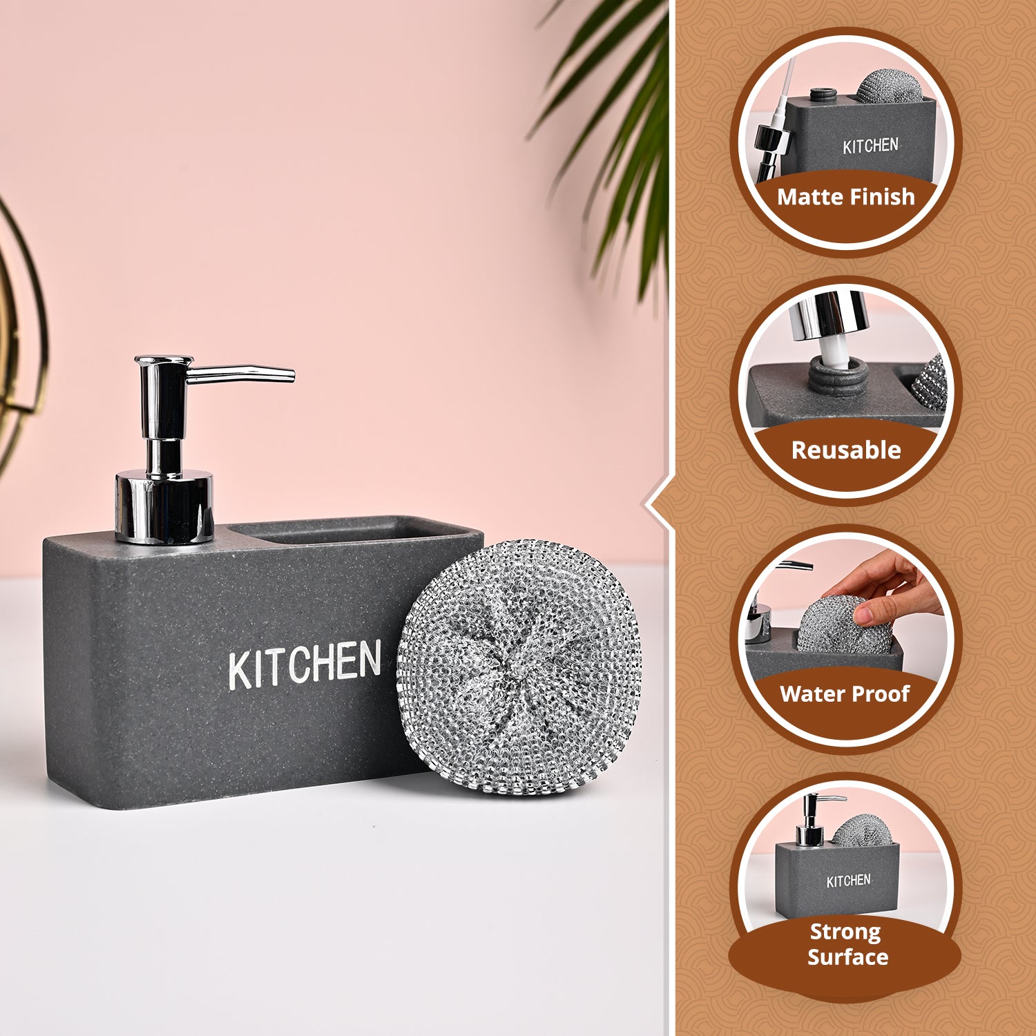 MARKET99 Grey Polyresin Soap Dispenser With Scourer- 130ml