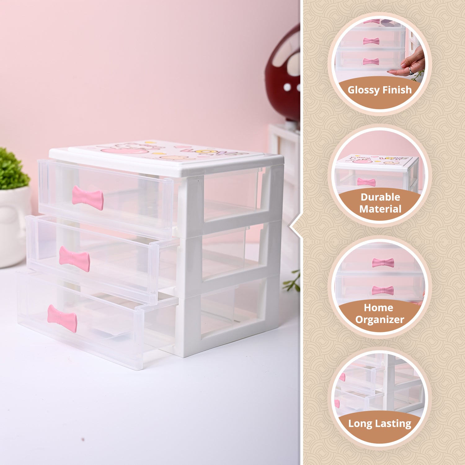 Small Desk 3-Layer Drawer, Love Cat Print