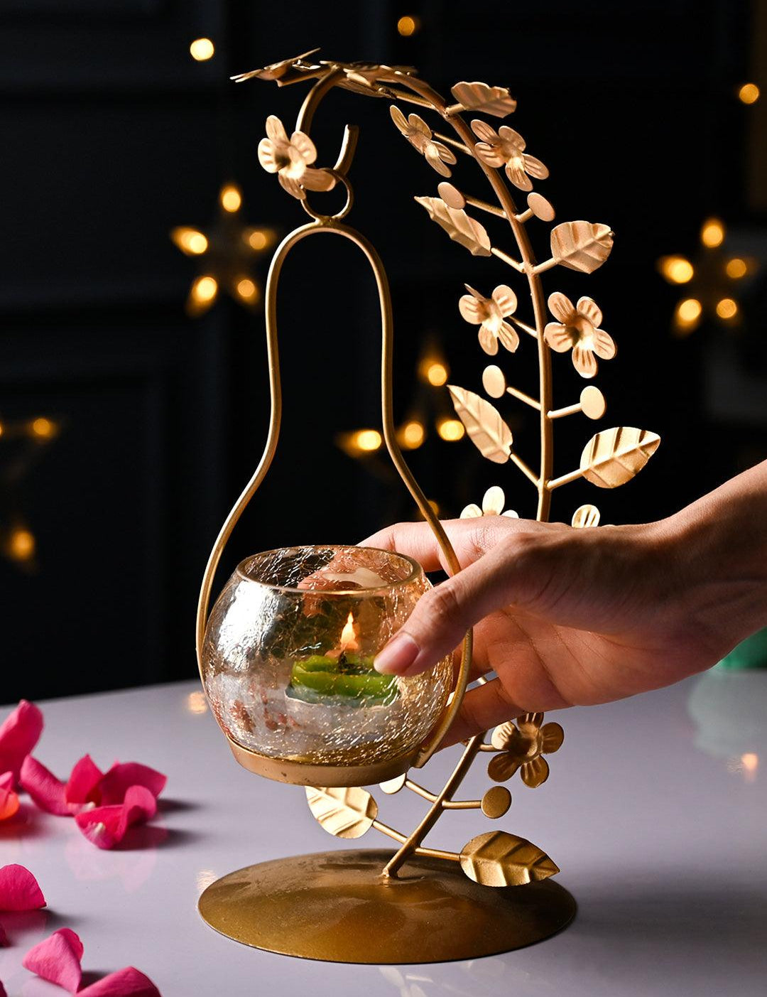 VON CASA Golden Abstract Leaf Shape T-Light Holder - MARKET99