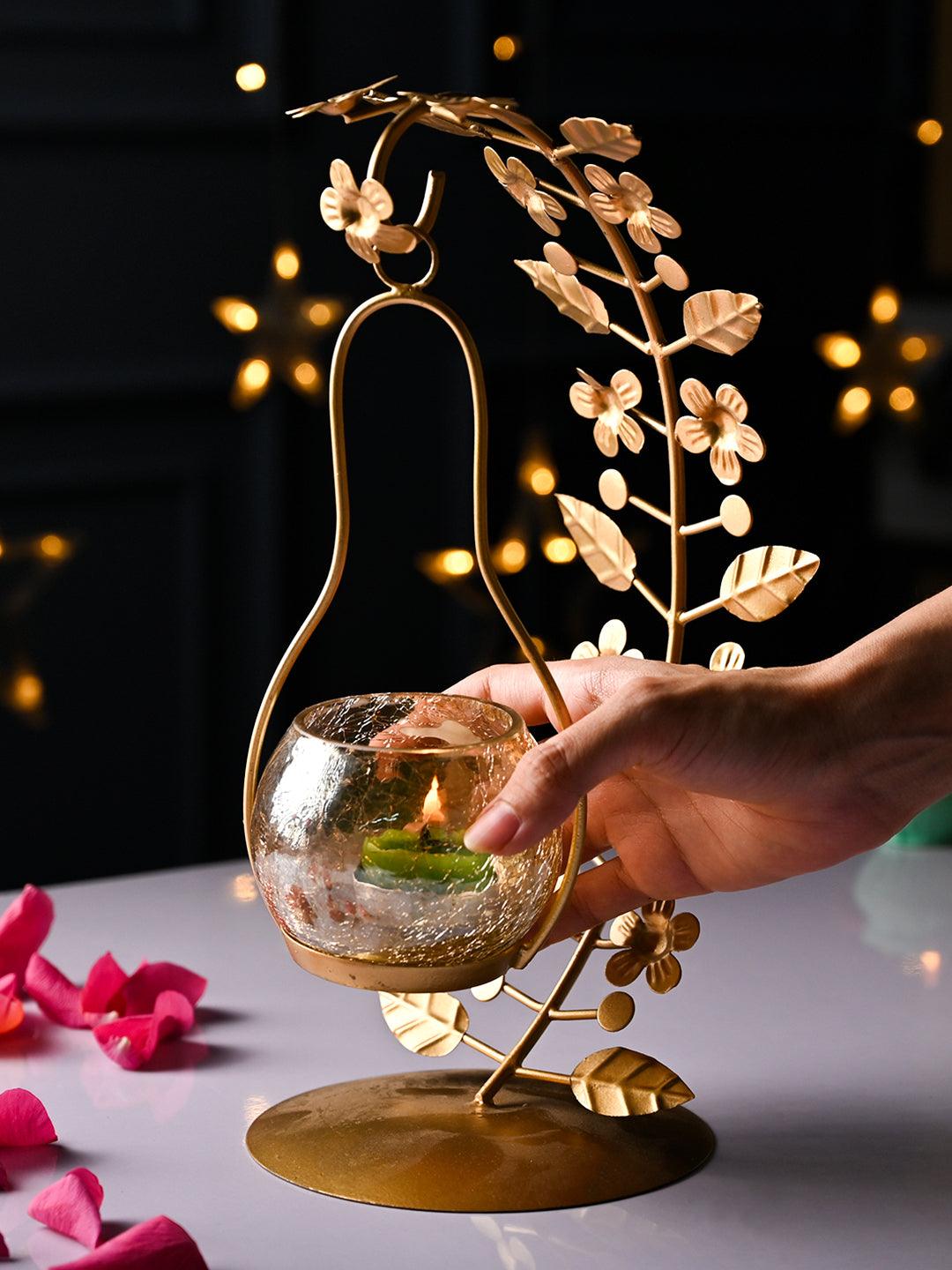 VON CASA Golden Abstract Leaf Shape T-Light Holder - MARKET99