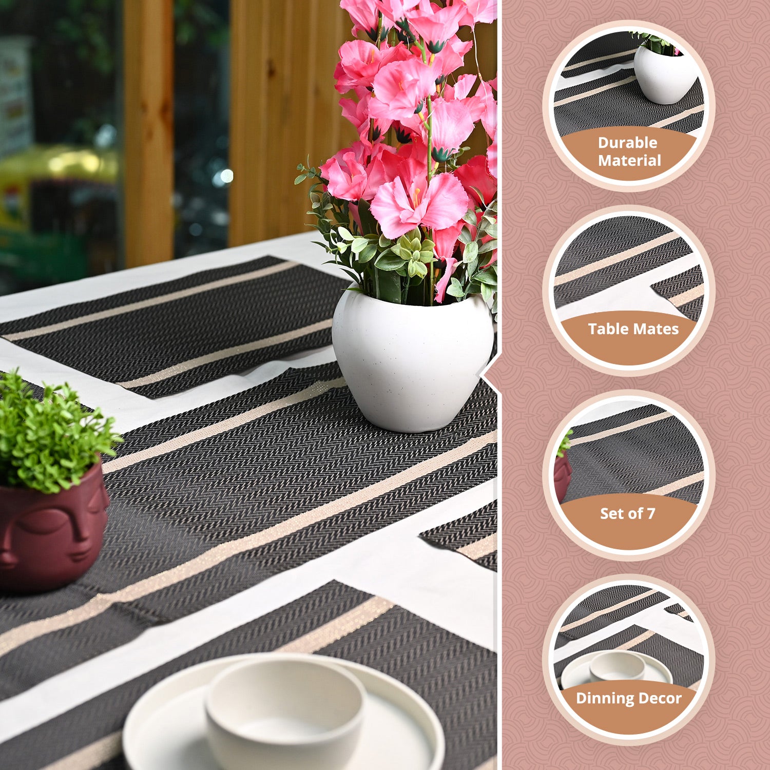 VON CASA Brown Table Runner with Placement Pack Of 7