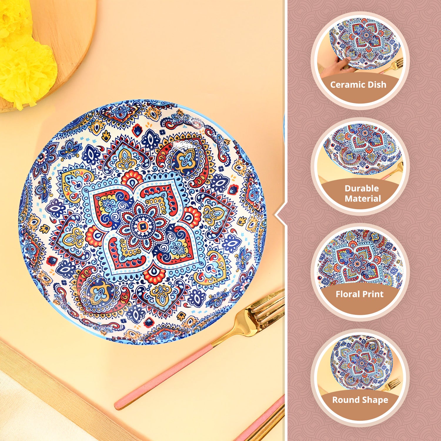 VON CASA Ceramic Mandala Light Blue Round Platter