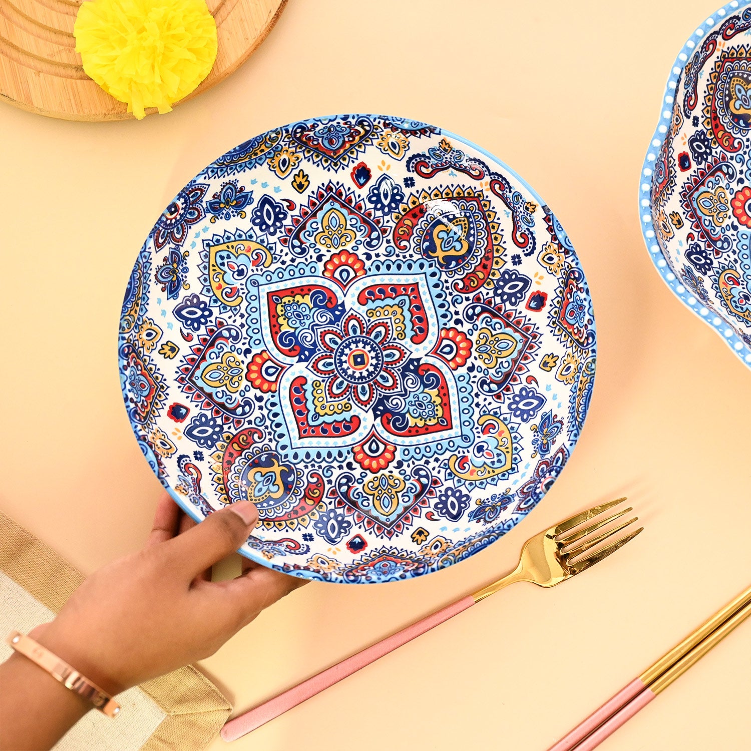 VON CASA Ceramic Mandala Light Blue Round Platter