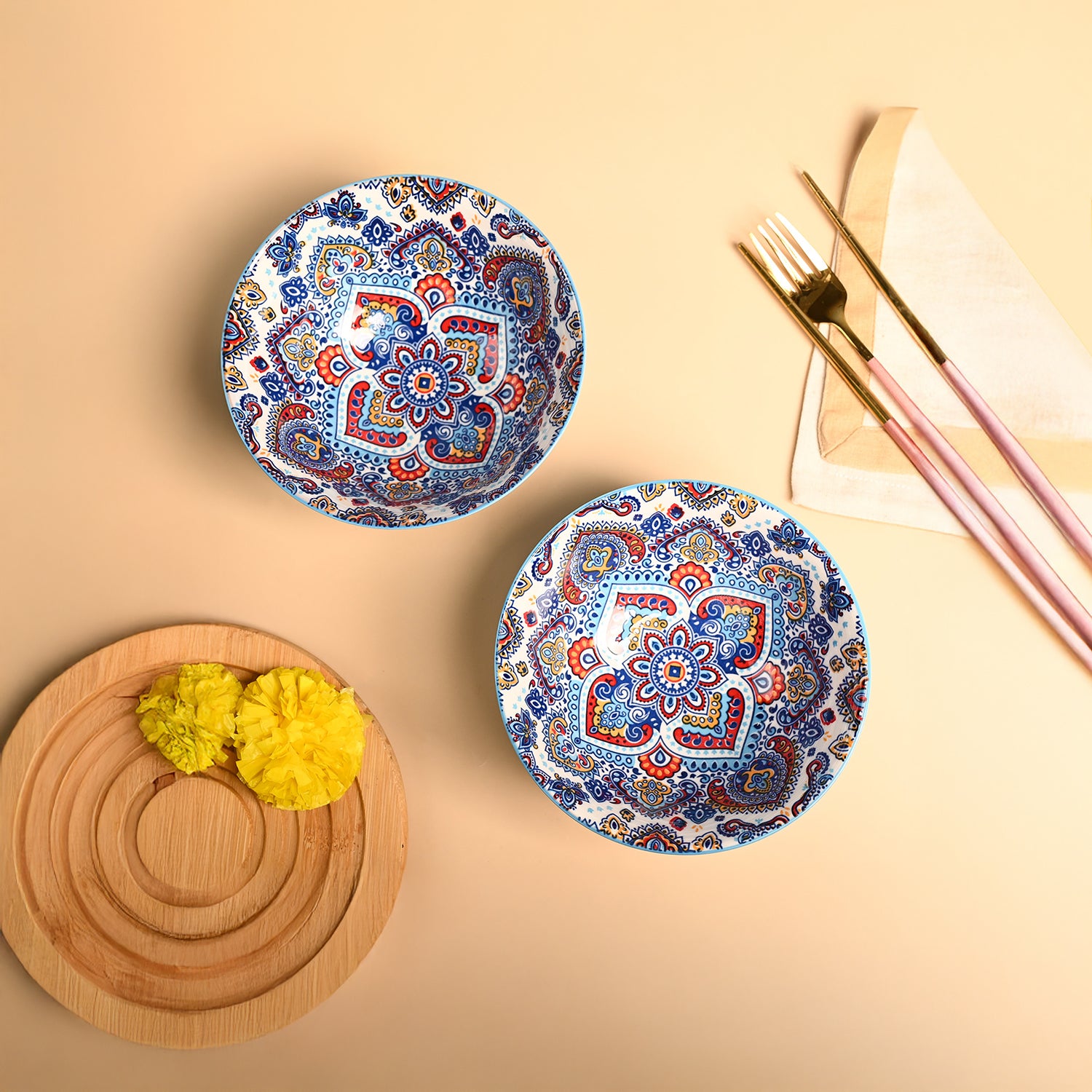 VON CASA Ceramic Mandala Light Blue Round Serving Bowl Set Of