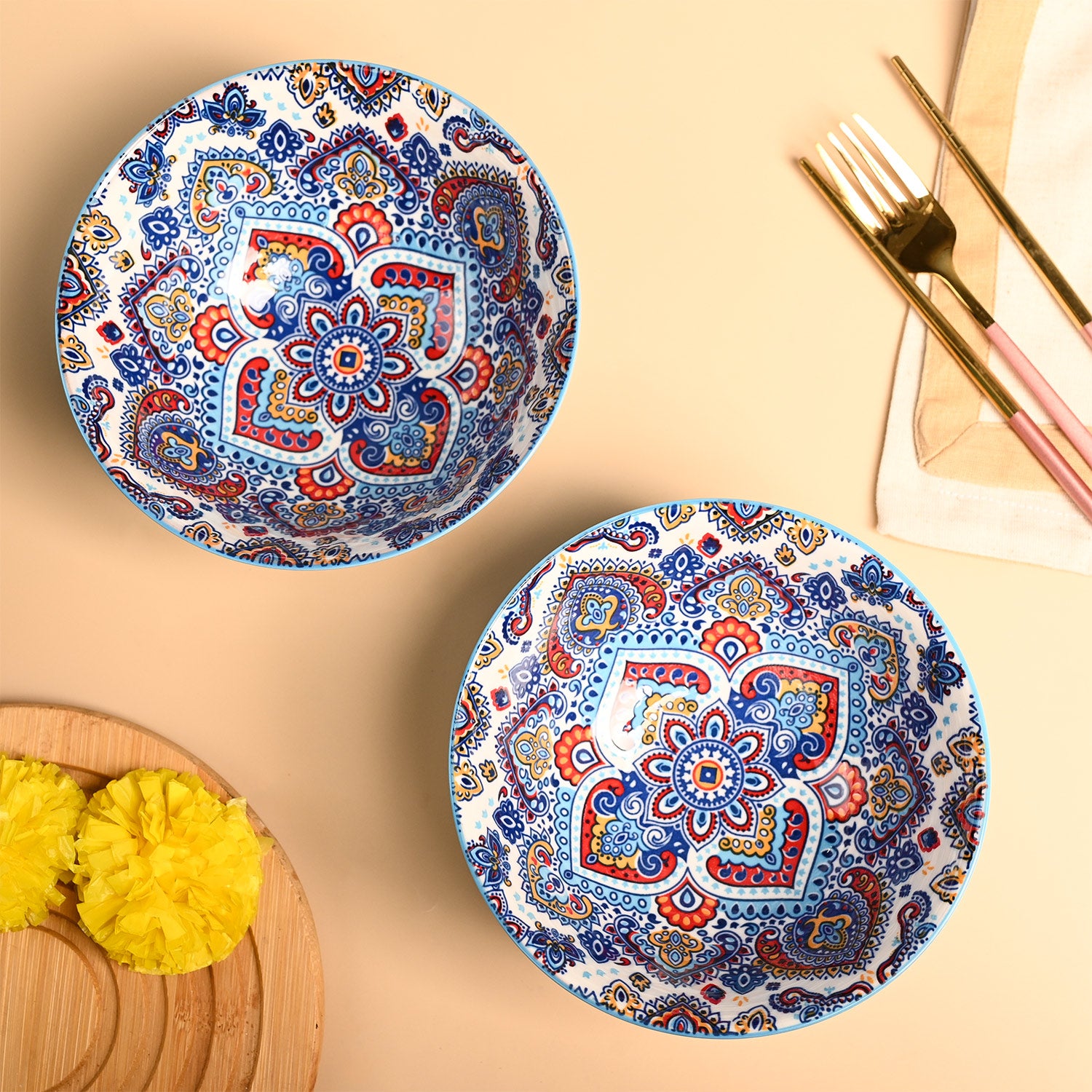 VON CASA Ceramic Mandala Light Blue Round Serving Bowl Set Of 2