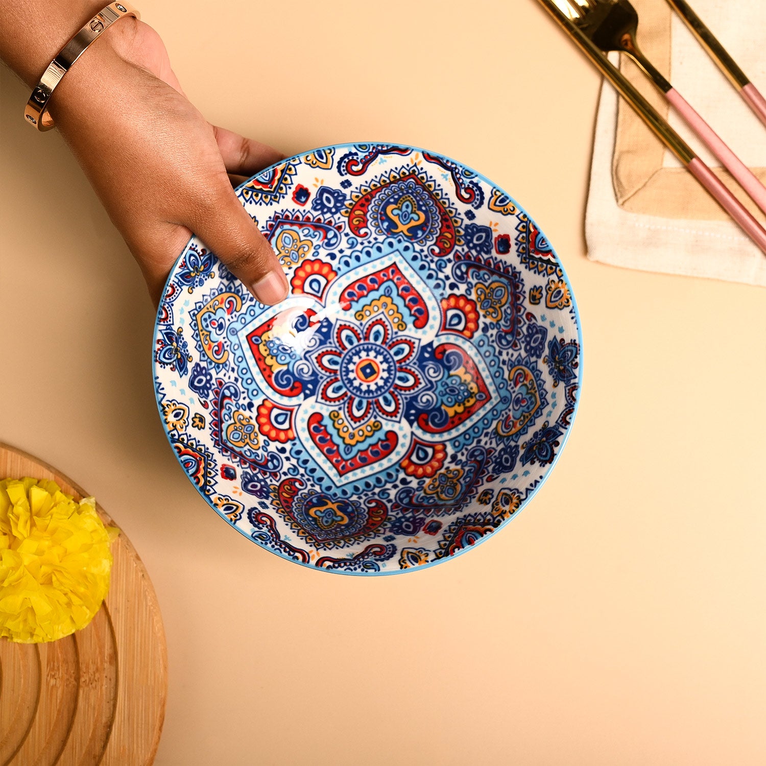 VON CASA Ceramic Mandala Light Blue Round Serving Bowl Set Of 2