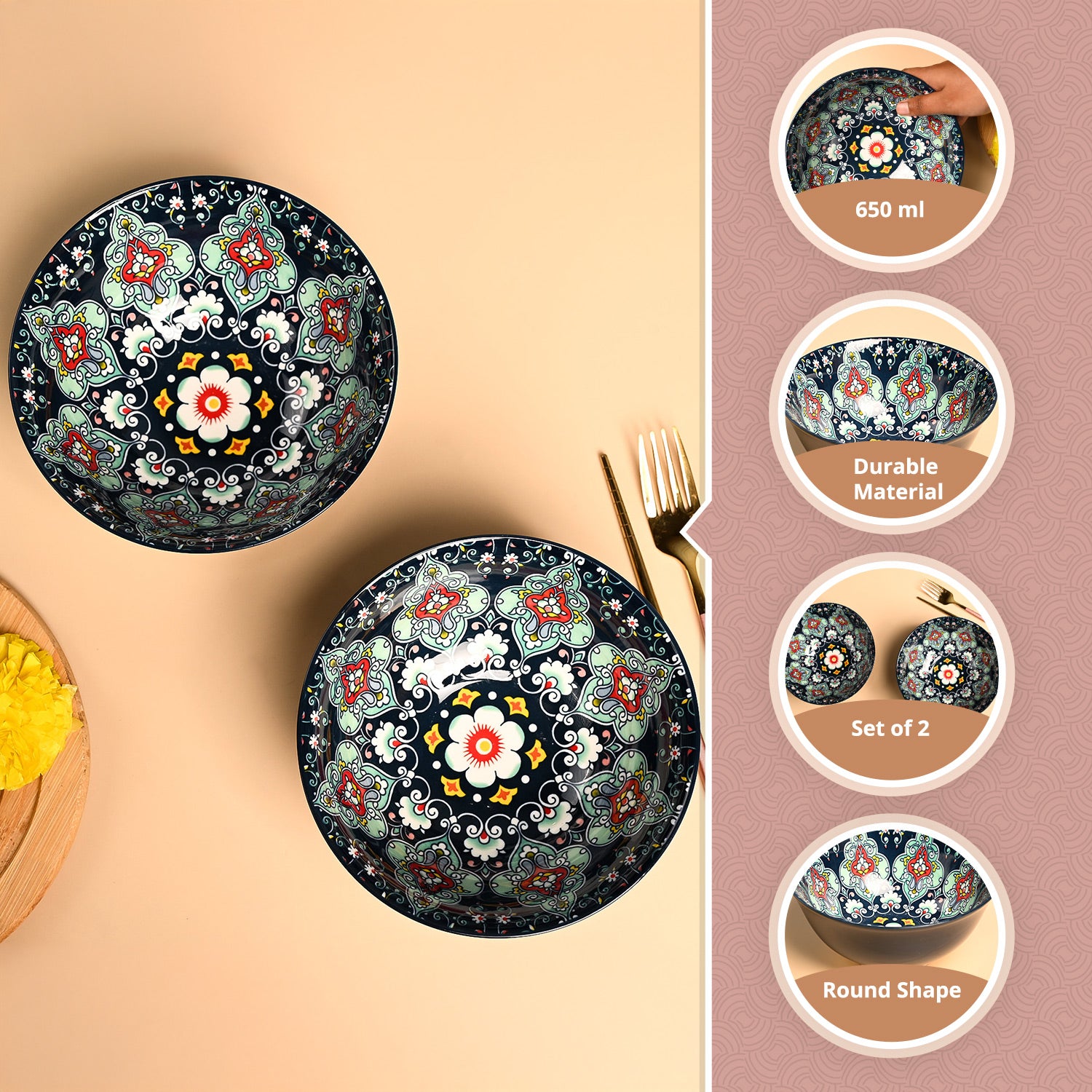 VON CASA Ceramic Mandala Navy Blue Round Serving Bowl Set Of 2