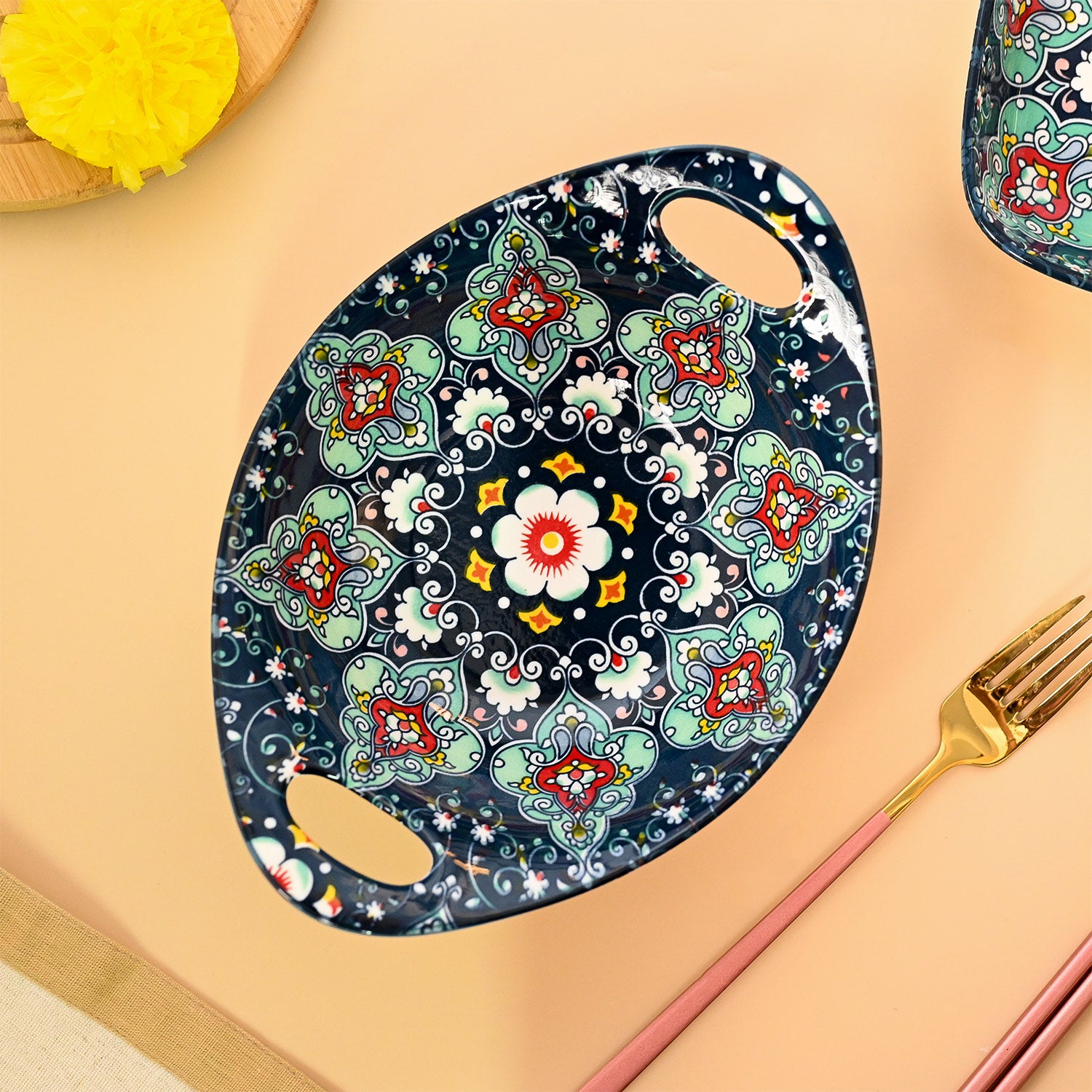 VON CASA Ceramic Mandala Navy Blue Long Dish