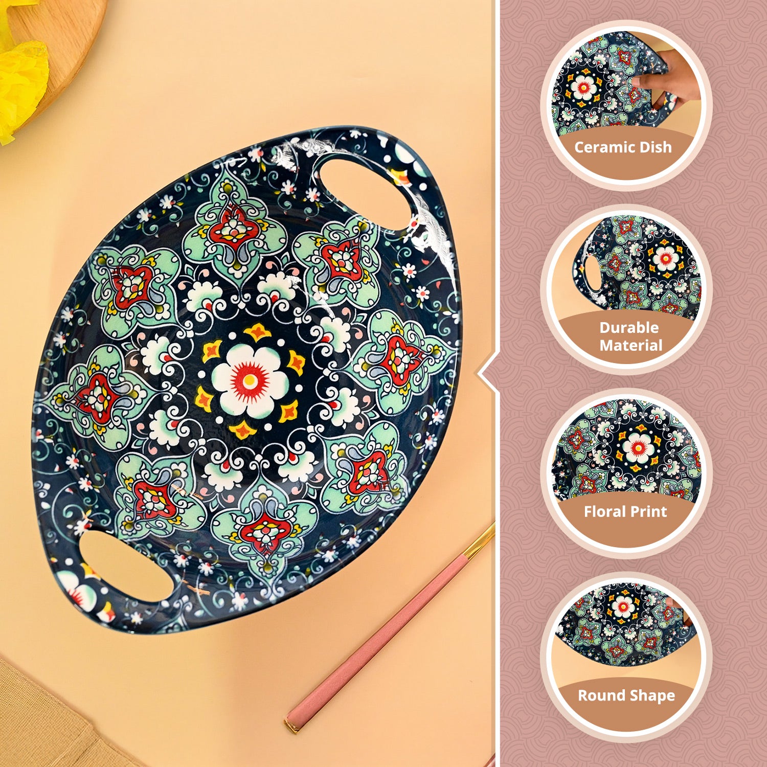 VON CASA Ceramic Mandala Navy Blue Long Dish