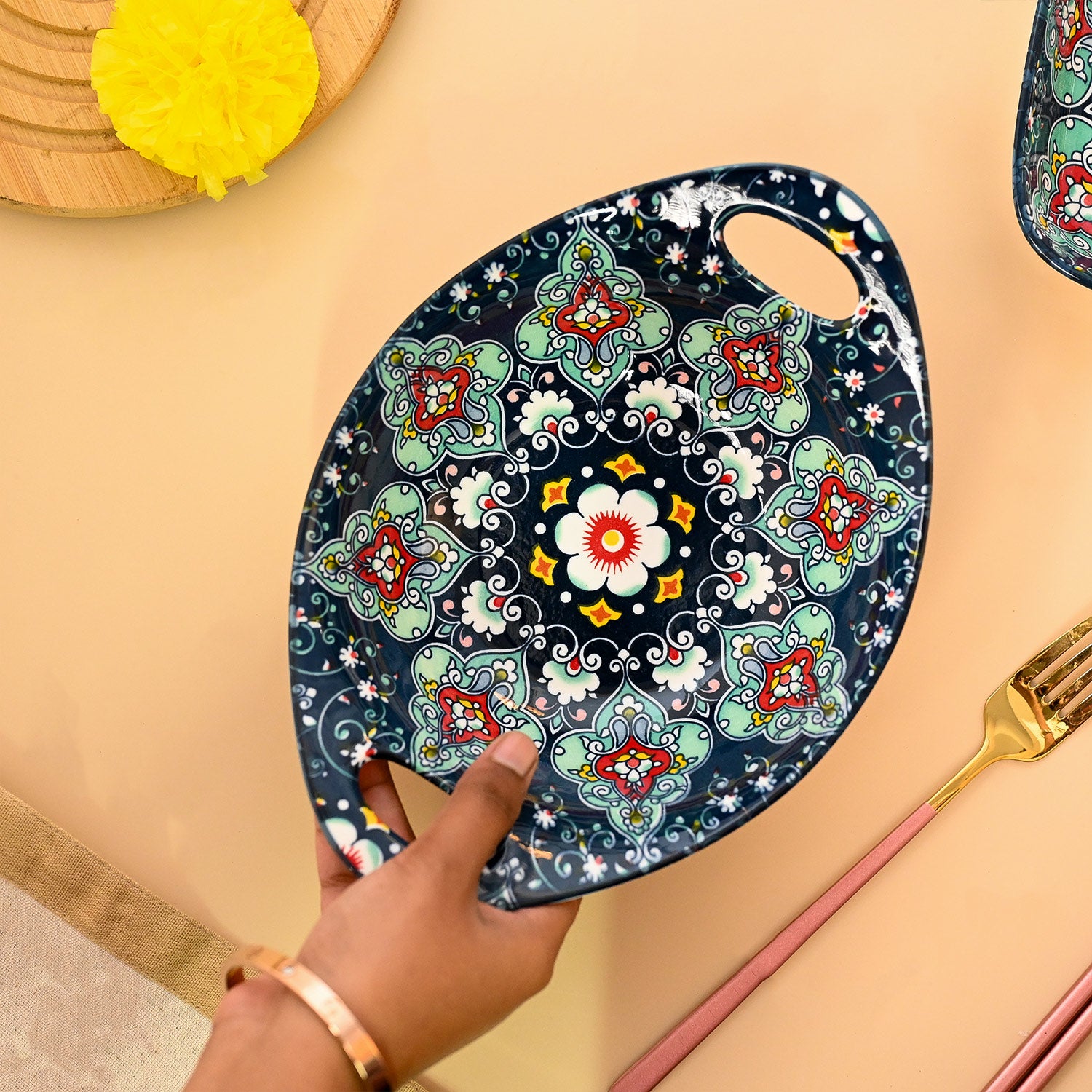 VON CASA Ceramic Mandala Navy Blue Long Dish