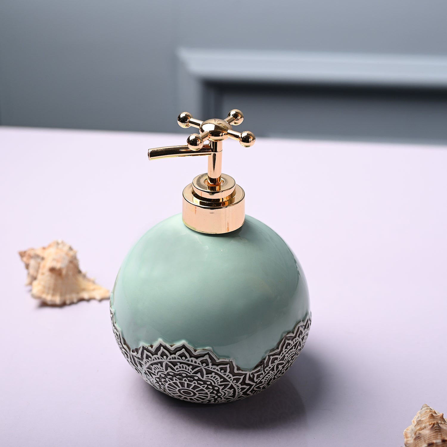 Ceramic Teal Green Round Soap Dispenser - Embossed Glossy Finish