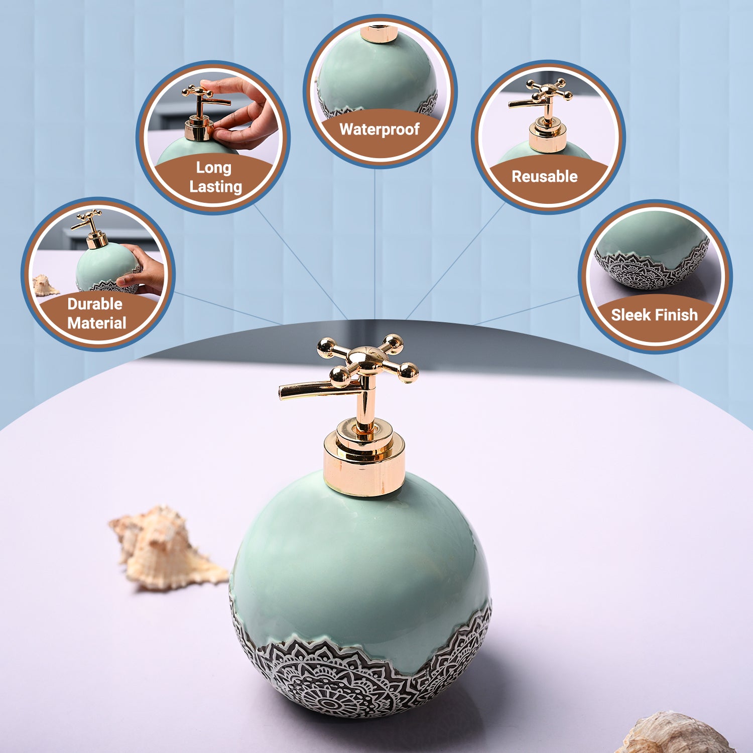 Ceramic Teal Green Round Soap Dispenser - Embossed Glossy Finish