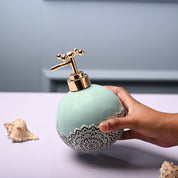 Ceramic Teal Green Round Soap Dispenser - Embossed Glossy Finish