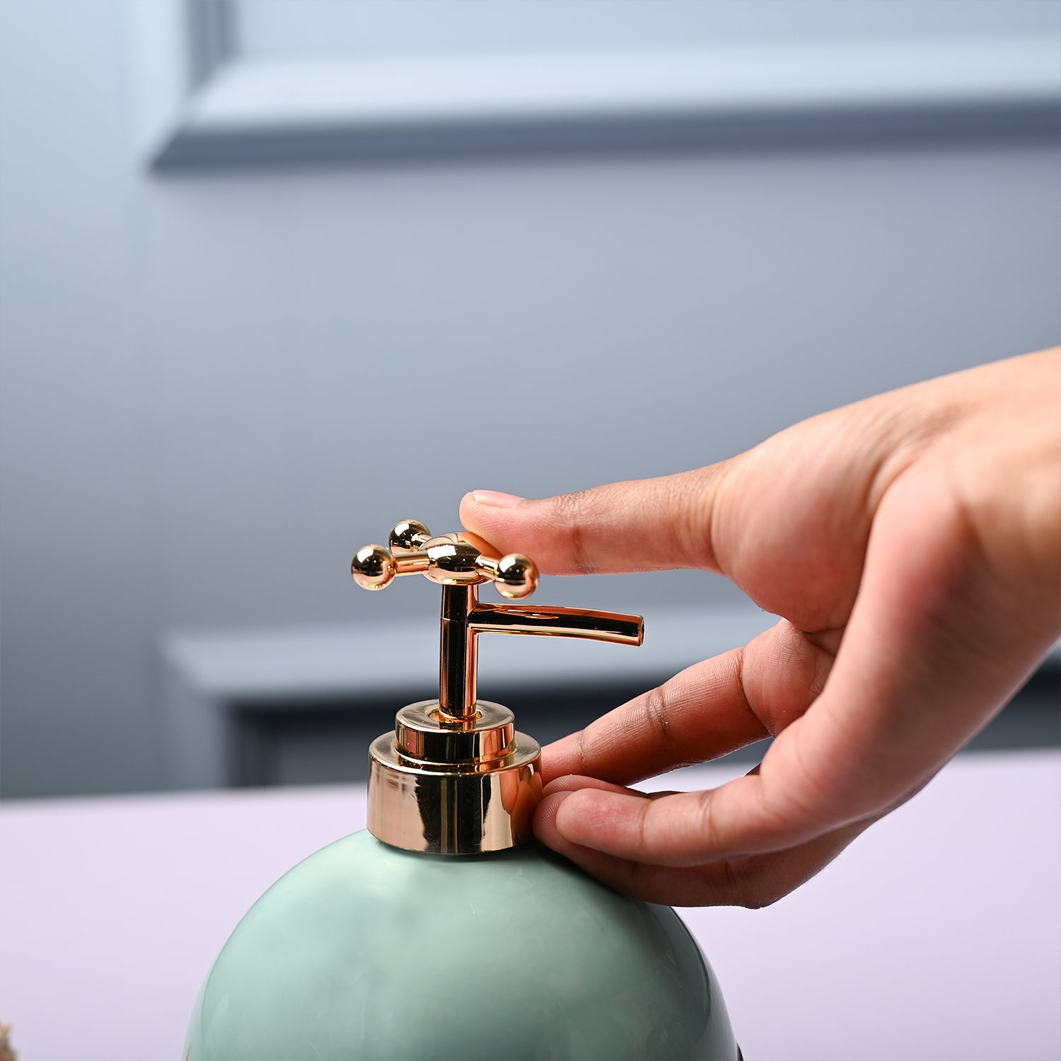 Ceramic Teal Green Round Soap Dispenser - Embossed Glossy Finish