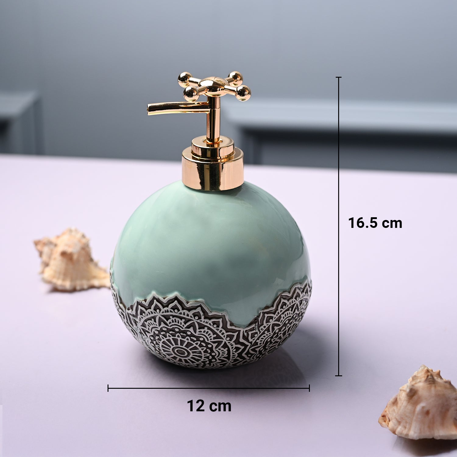 Ceramic Teal Green Round Soap Dispenser - Embossed Glossy Finish