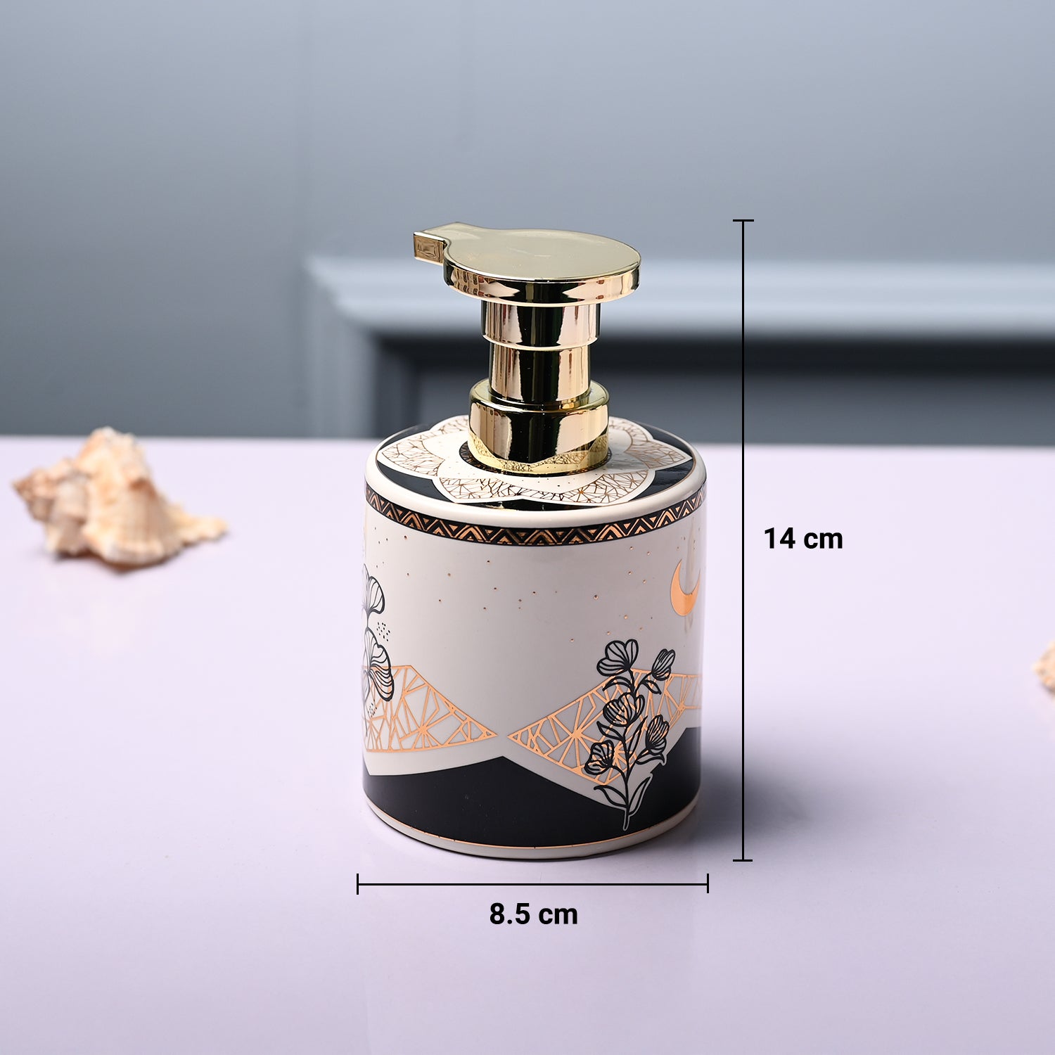 Ceramic Off White Cylindrical Soap Dispenser - Print Design Glossy Finish