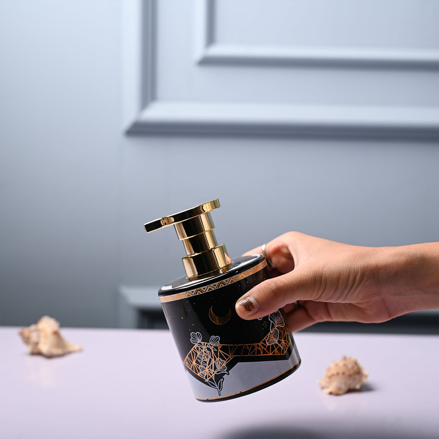 Ceramic Black Cylindrical Soap Dispenser - Print Design Glossy Finish