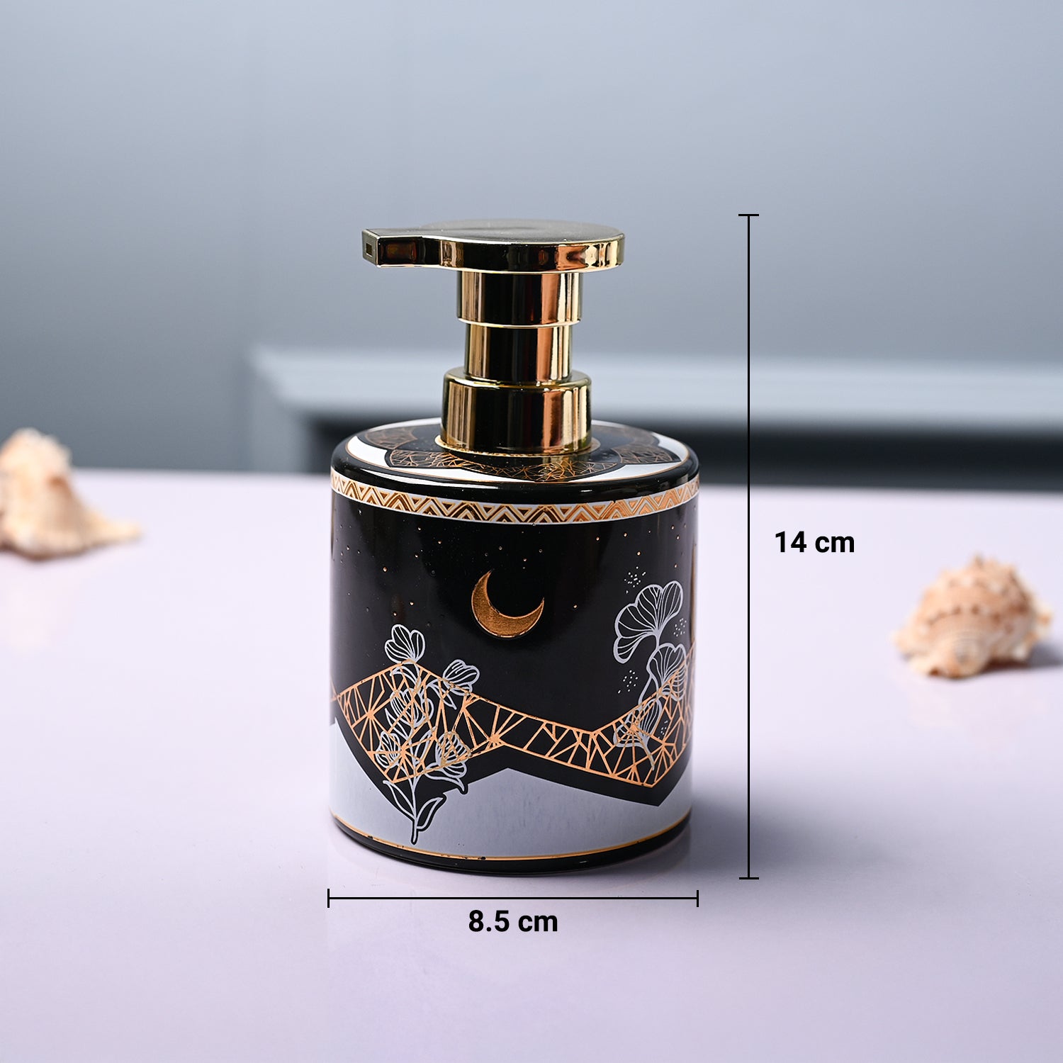 Ceramic Black Cylindrical Soap Dispenser - Print Design Glossy Finish