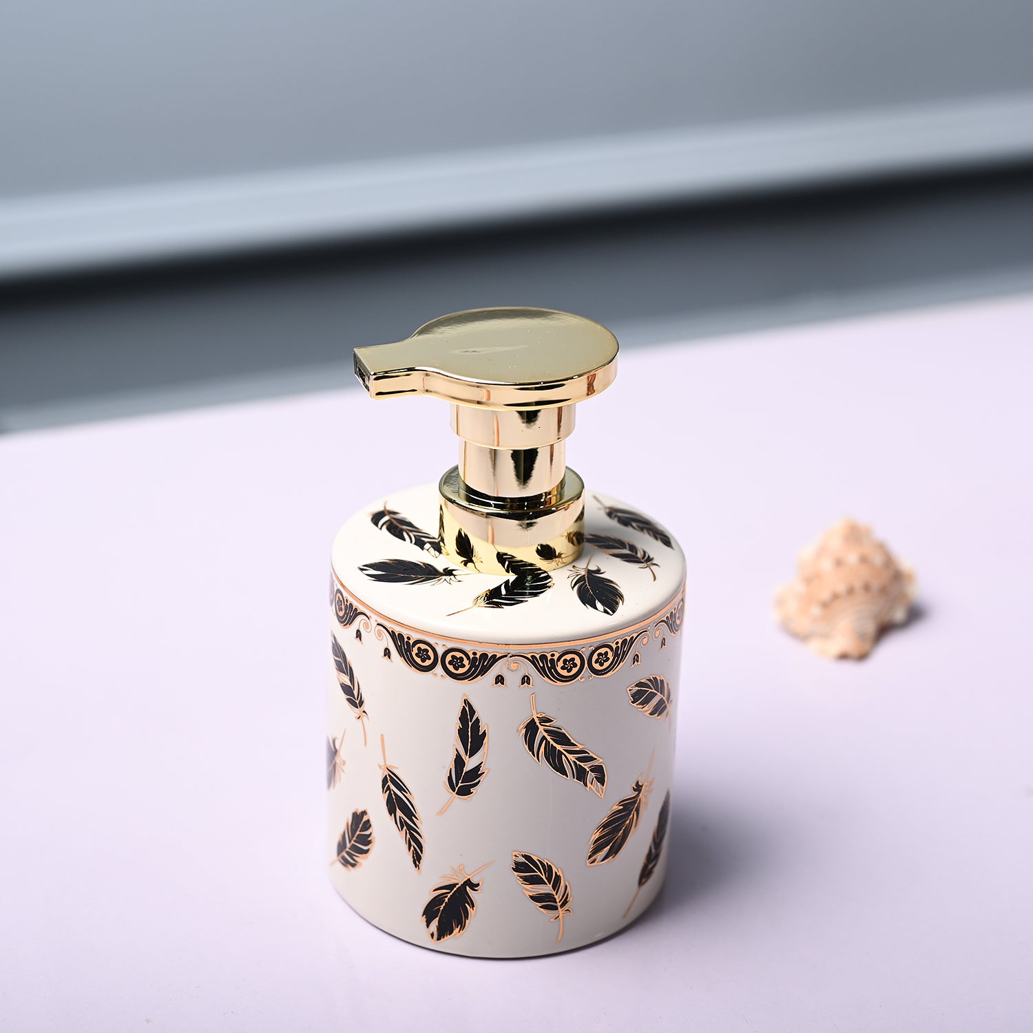 Ceramic Off White Cylindrical Soap Dispenser - Leaf Design Glossy Finish