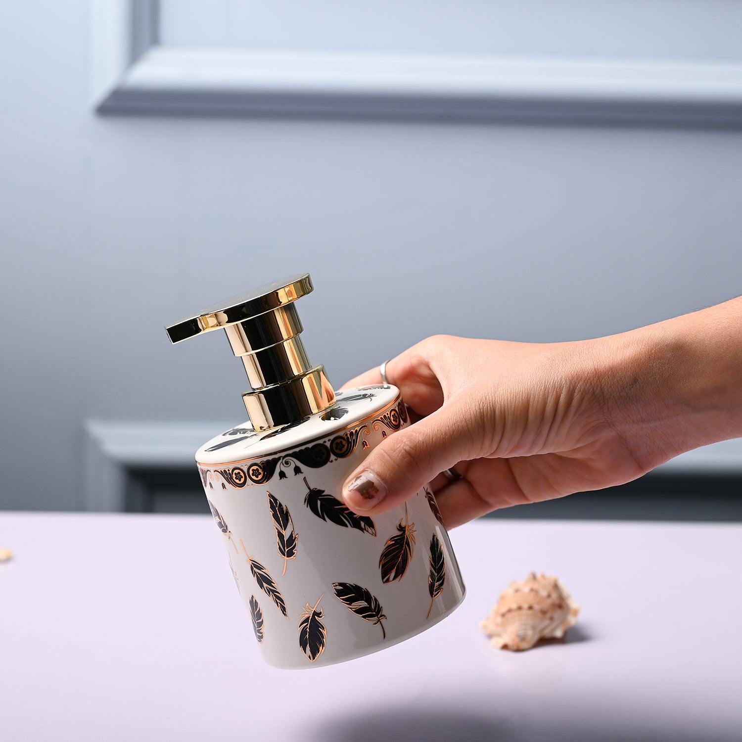 Ceramic Off White Cylindrical Soap Dispenser - Leaf Design Glossy Finish