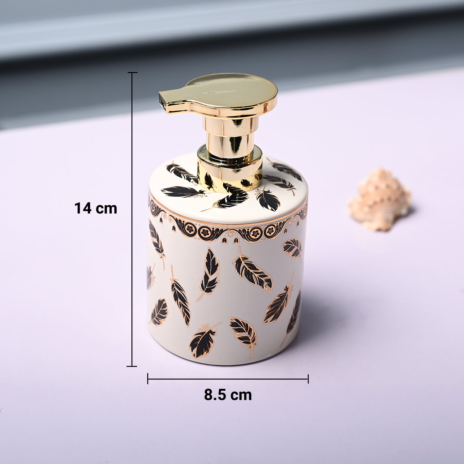 Ceramic Off White Cylindrical Soap Dispenser - Leaf Design Glossy Finish