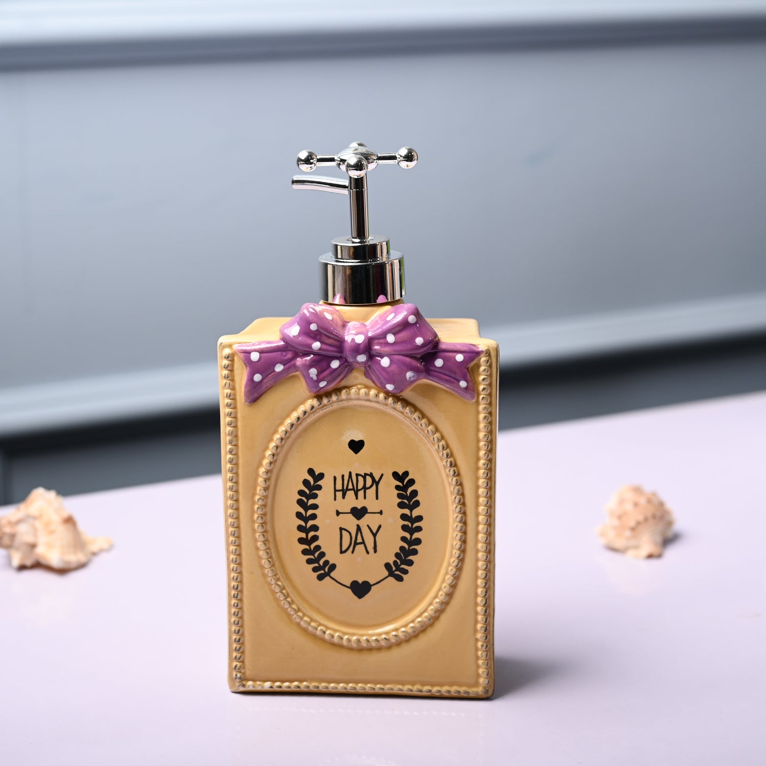 Ceramic Yellow Rectangle Soap Dispenser - Happy Day Print Matte Finish