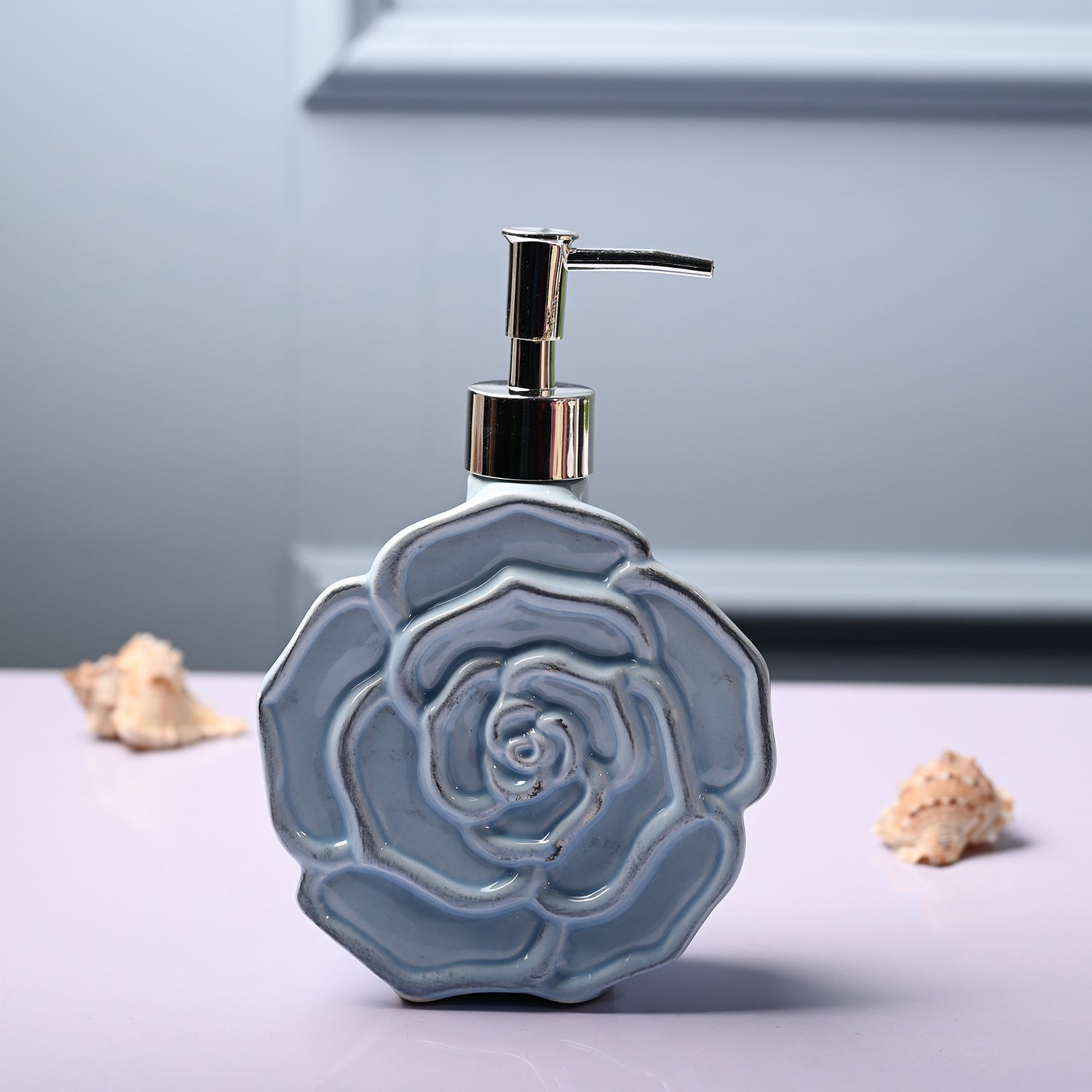 Ceramic Blue Rose Shaped Soap Dispenser - Flower Design Matte Finish