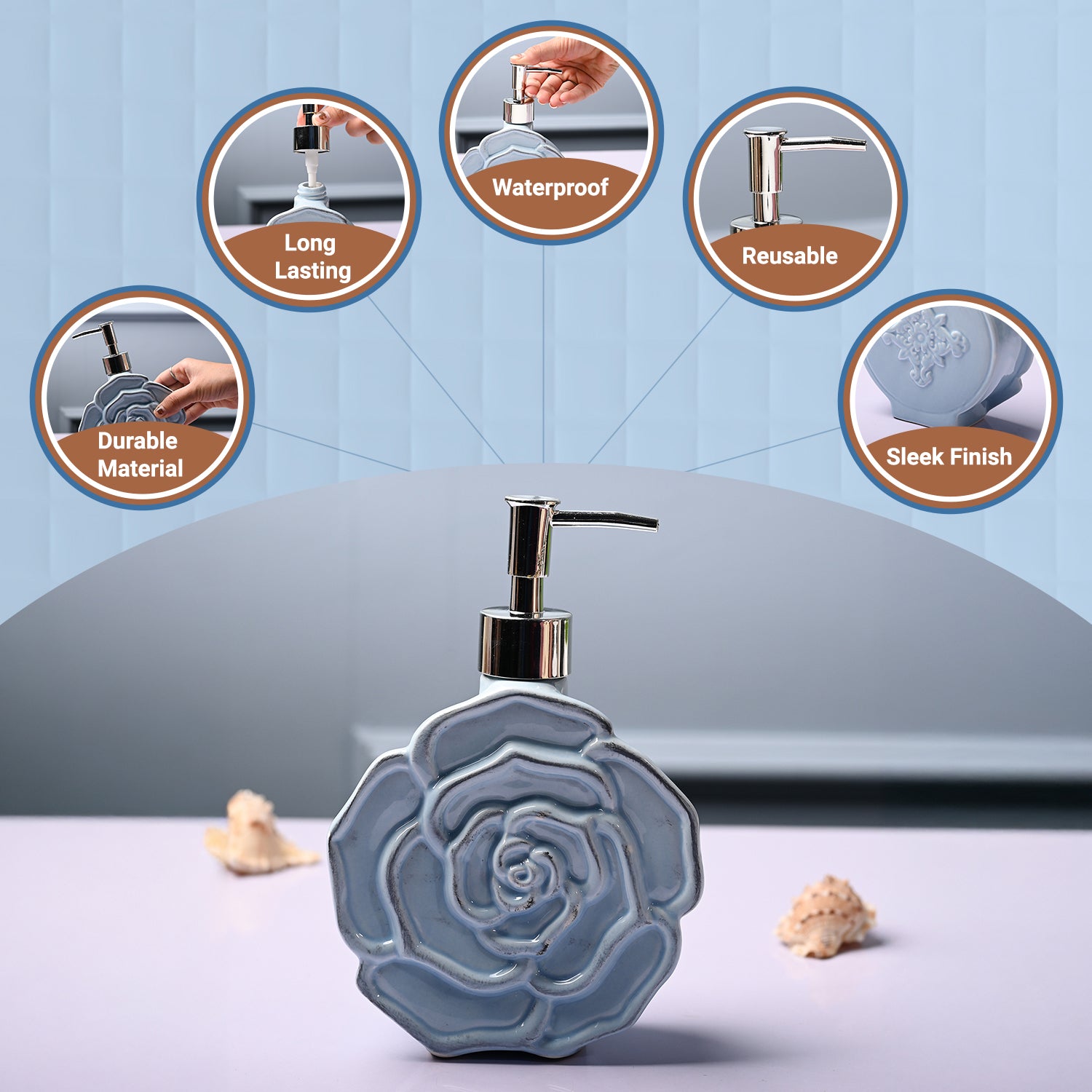 Ceramic Blue Rose Shaped Soap Dispenser - Flower Design Matte Finish