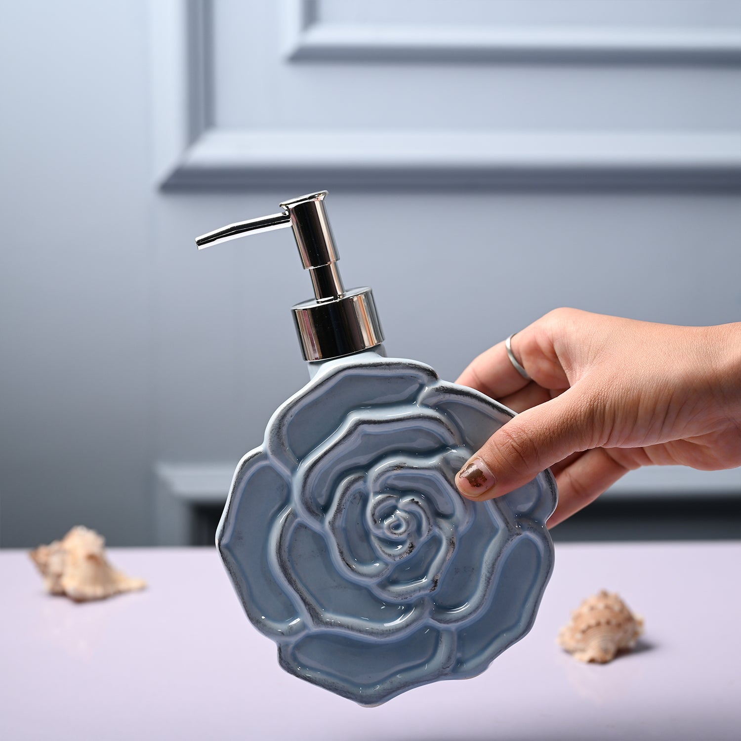 Ceramic Blue Rose Shaped Soap Dispenser - Flower Design Matte Finish