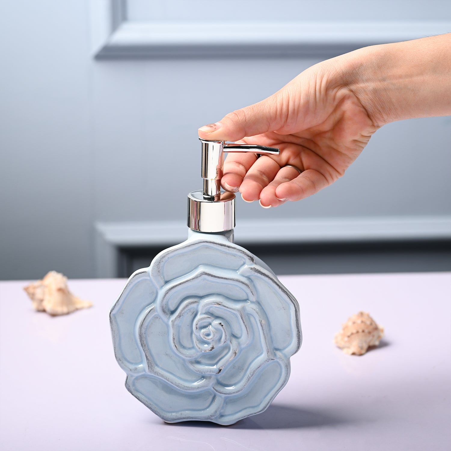 Ceramic Blue Rose Shaped Soap Dispenser - Flower Design Matte Finish